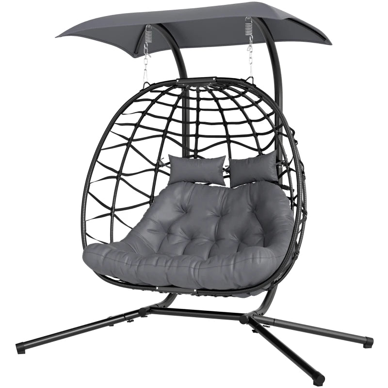 Double Wicker Egg Swing Chair with Canopy, Foldable Hanging Egg Chair with Stand Cushion Headrest, Black