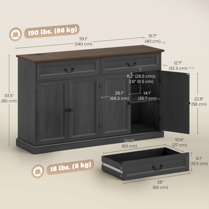 55" Farmhouse Sideboard Buffet Cabinet with Charging Station, 2 Drawers and 2 Adjustable Shelves, Black Wood Grain