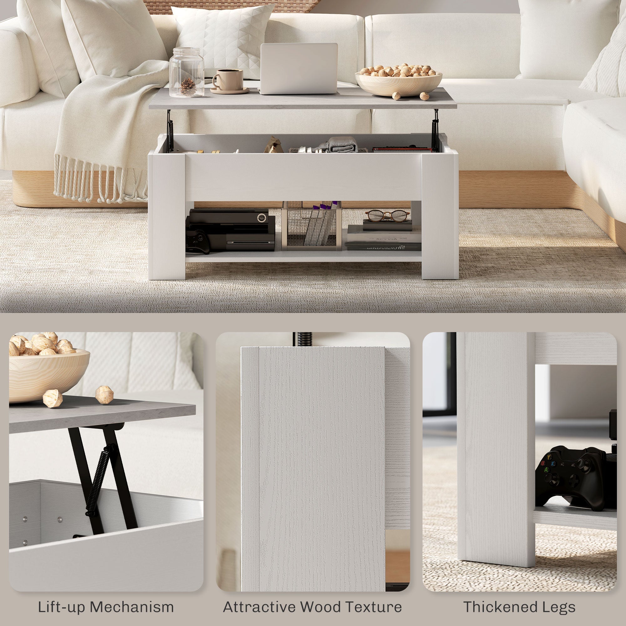 HOMCOM Lift Top Coffee Table with Hidden Storage Compartment and Open Shelf, Center Table for Living Room, White 