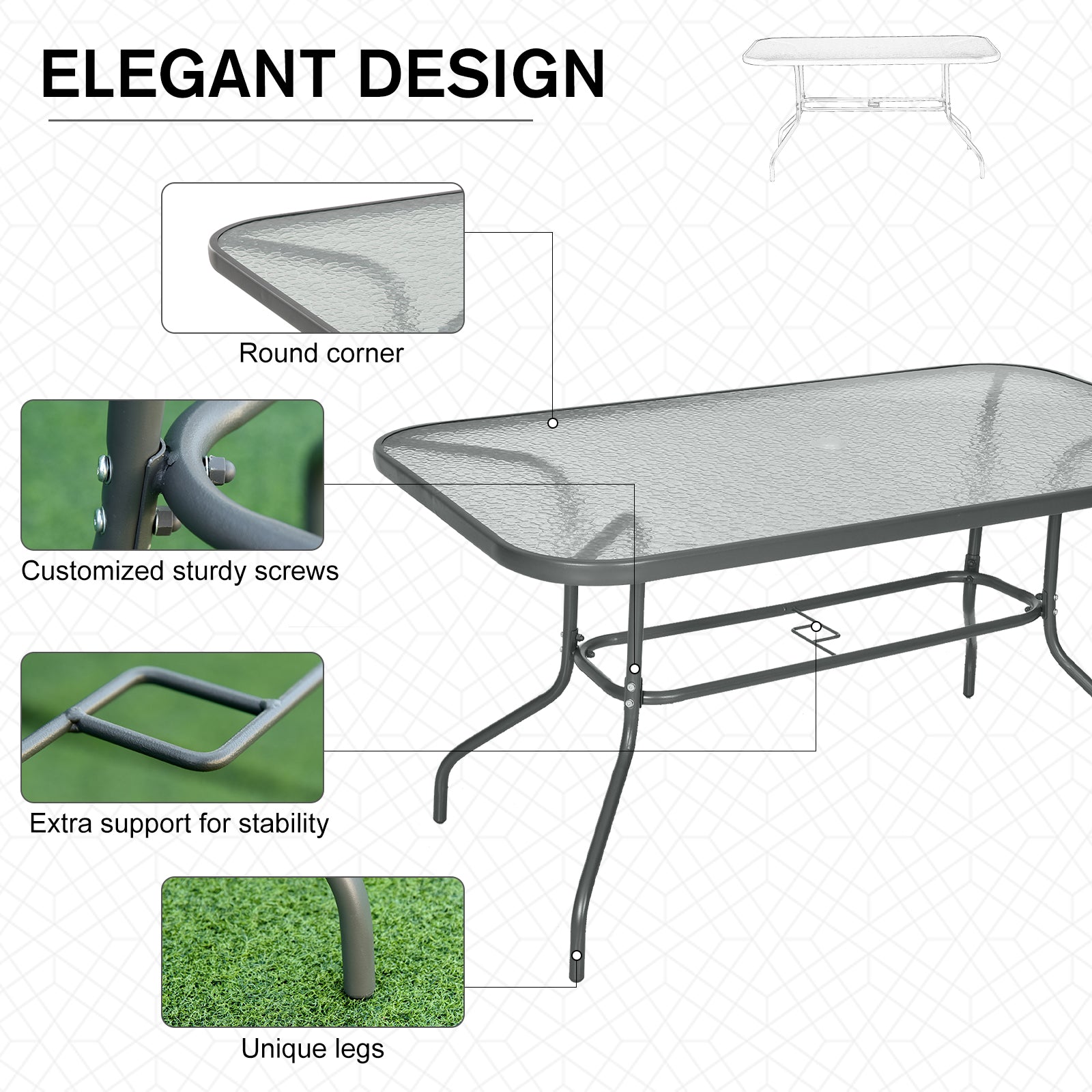 Outsunny Metal Garden Dining Tables Outdoor Patio w/ Tempered Glass Top, Umbrella Hole, 55" x 31.5" 