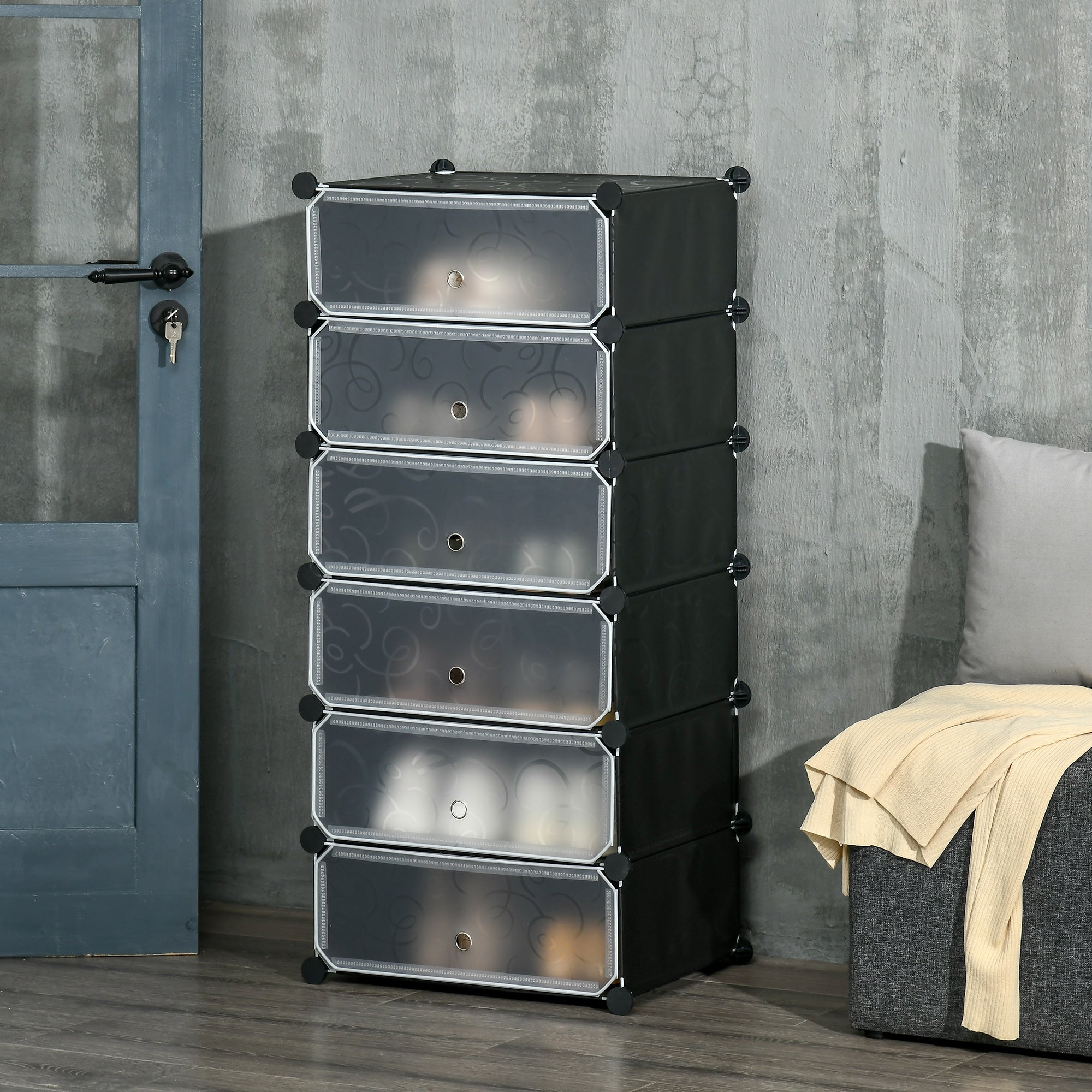 HOMCOM 6-Tier 6 Cube Shoe Rack Organizer with Doors DIY Modular Cabinet for Living Room Storage Black 