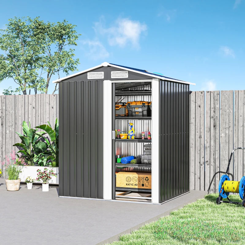 5ft x 4ft Garden Metal Storage Shed, Tool Storage Shed with Top Vents, Sliding Door, Sloped Roof and Foundation Kit for Garden, Patio, Lawn, Dark Grey