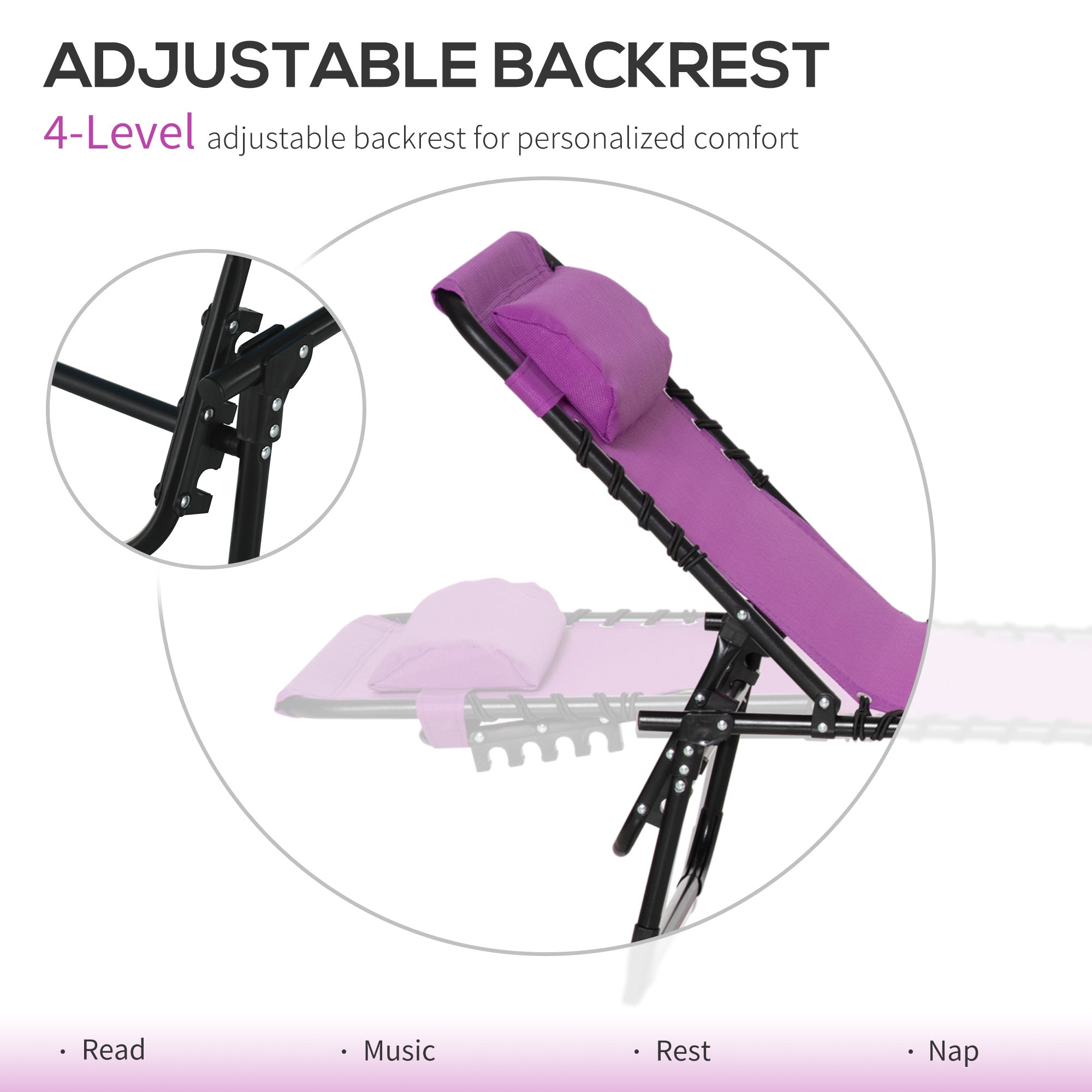 Outsunny Portable Folding Beach Bed 4-Level Adjustable Recliner Lounger Cot Purple Lightweight for Camping 