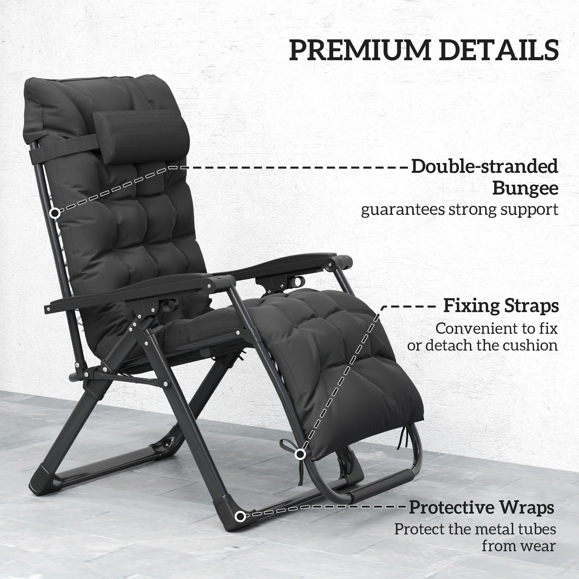 Outsunny Folding Garden Chairs Set of 2, Reclining Zero Gravity Chair, Sun Lounger with Cushion and Headrest, Black 