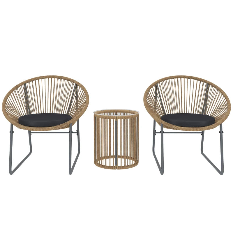 Outdoor Bistro Set, 3 Piece Wicker Patio Furniture Set with 2 Chairs and Glass-Top Table, Natural Wood