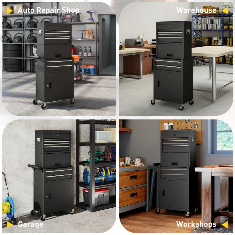 Large Tool Cabinet, 3-in-1 Rolling Tool Chest, Detachable Tool Storage Organizer with 6 Drawers and Pegboard, Black