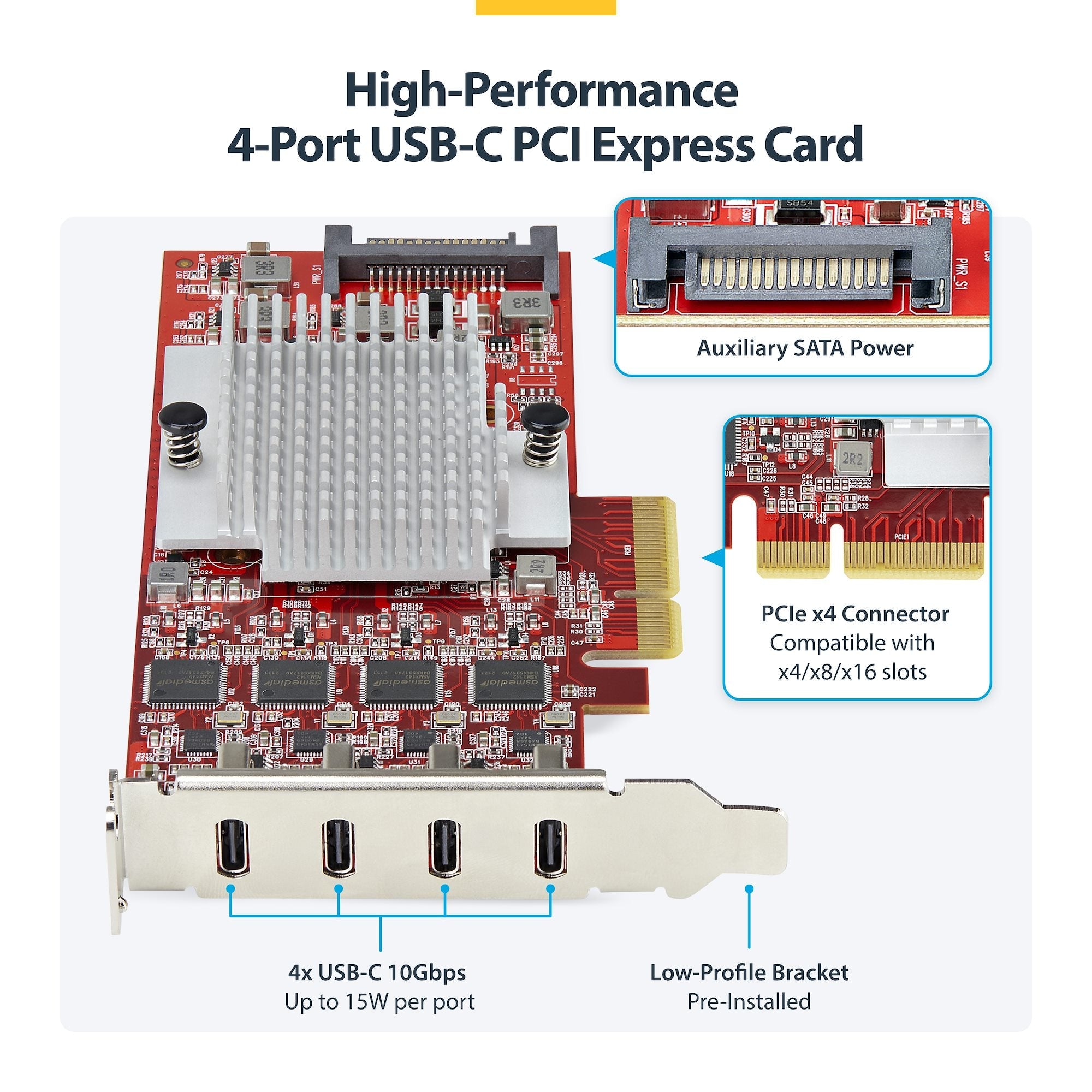 4-Port USB Type-C PCIe Card, USB 3.2 10Gbps, USB-C PCI Express Expansion Card, 4x Independent USB Controllers, Windows/Linux/macOS, TAA-Compliant 