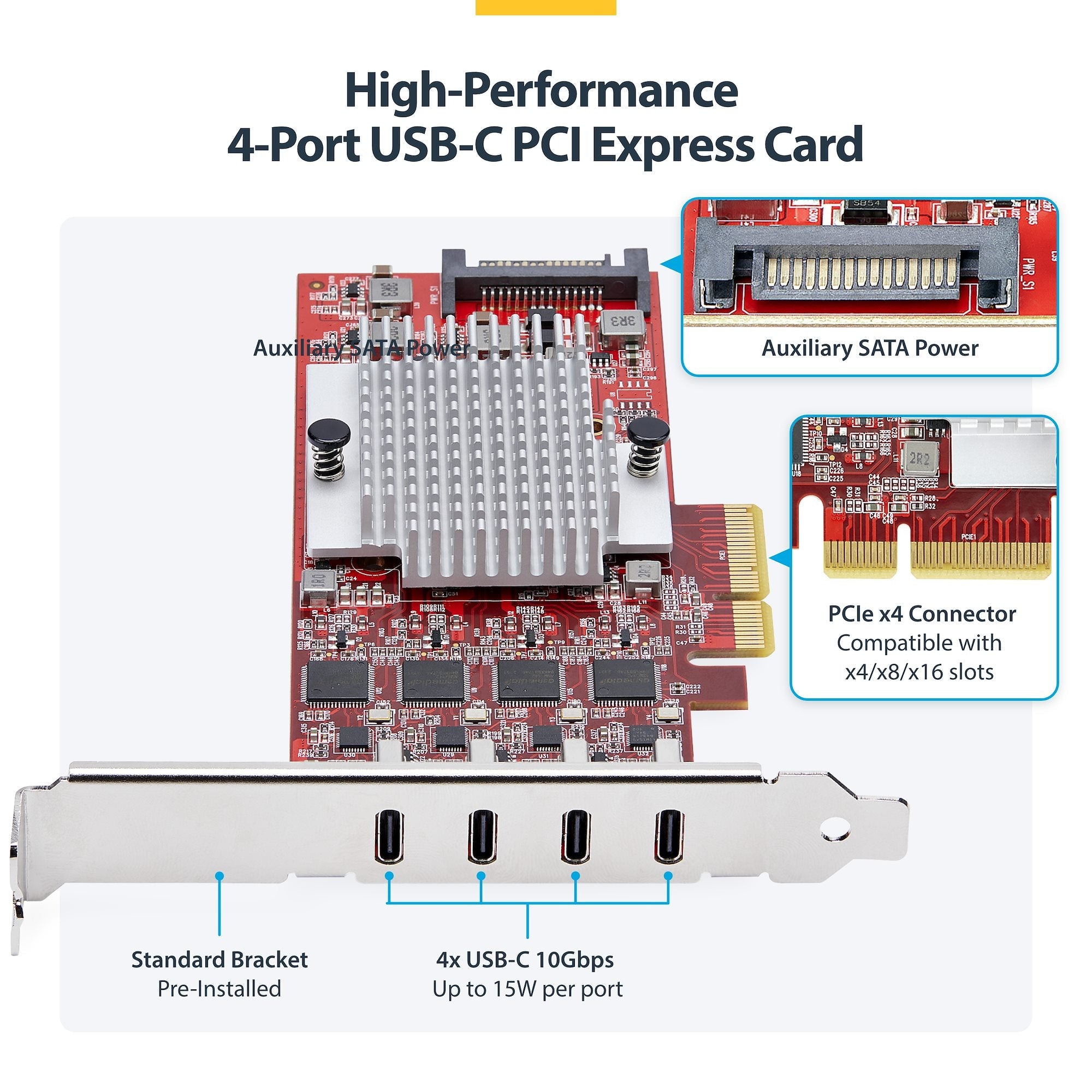 4-Port USB Type-C PCIe Card, USB 3.2 10Gbps, USB-C PCI Express Expansion Card, 4x Independent USB Controllers, Windows/Linux/macOS, TAA-Compliant 