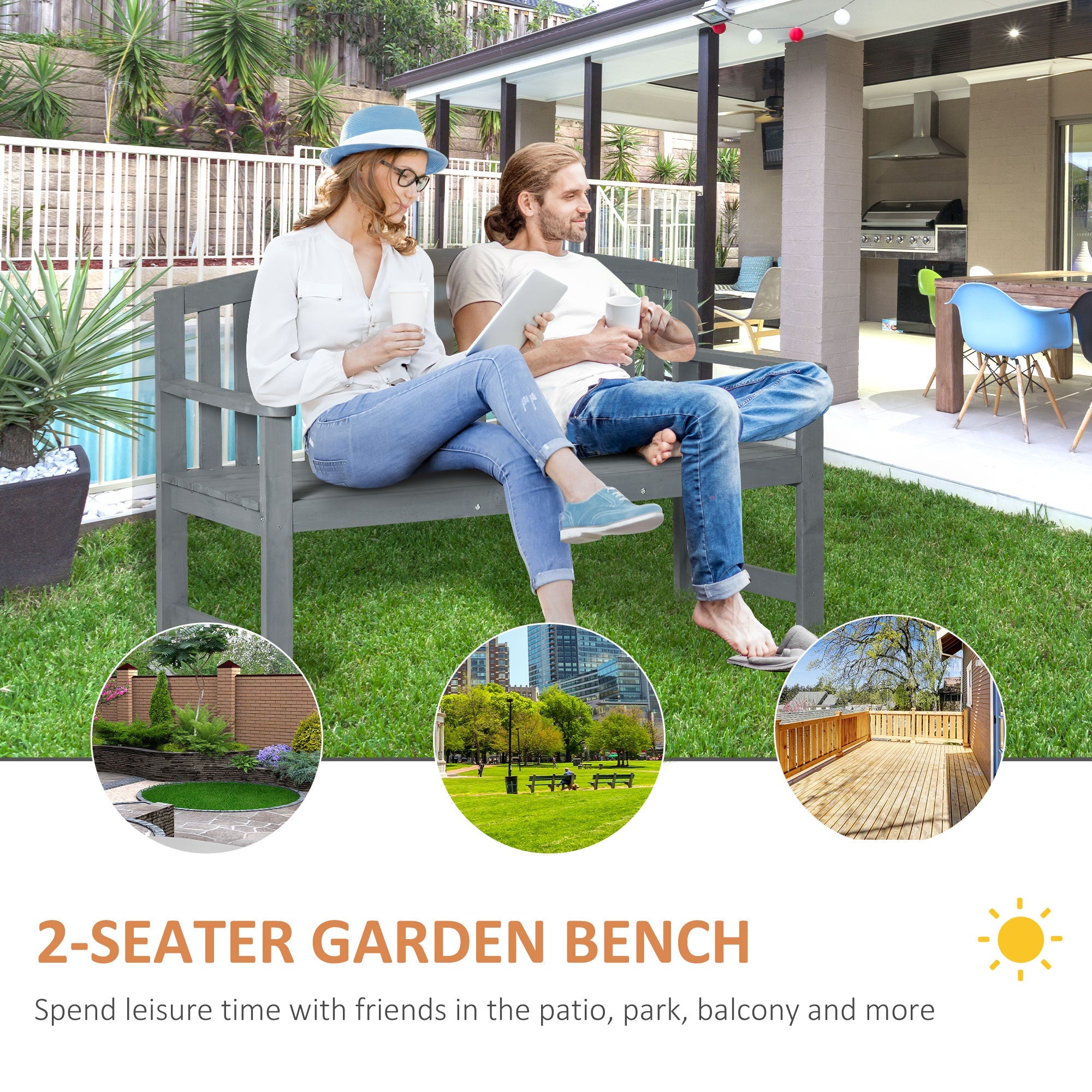 Outsunny Wooden Bench, Outdoor Bench with Slatted Design, Backrest, Armrests for Garden, Park, Backyard, Grey 