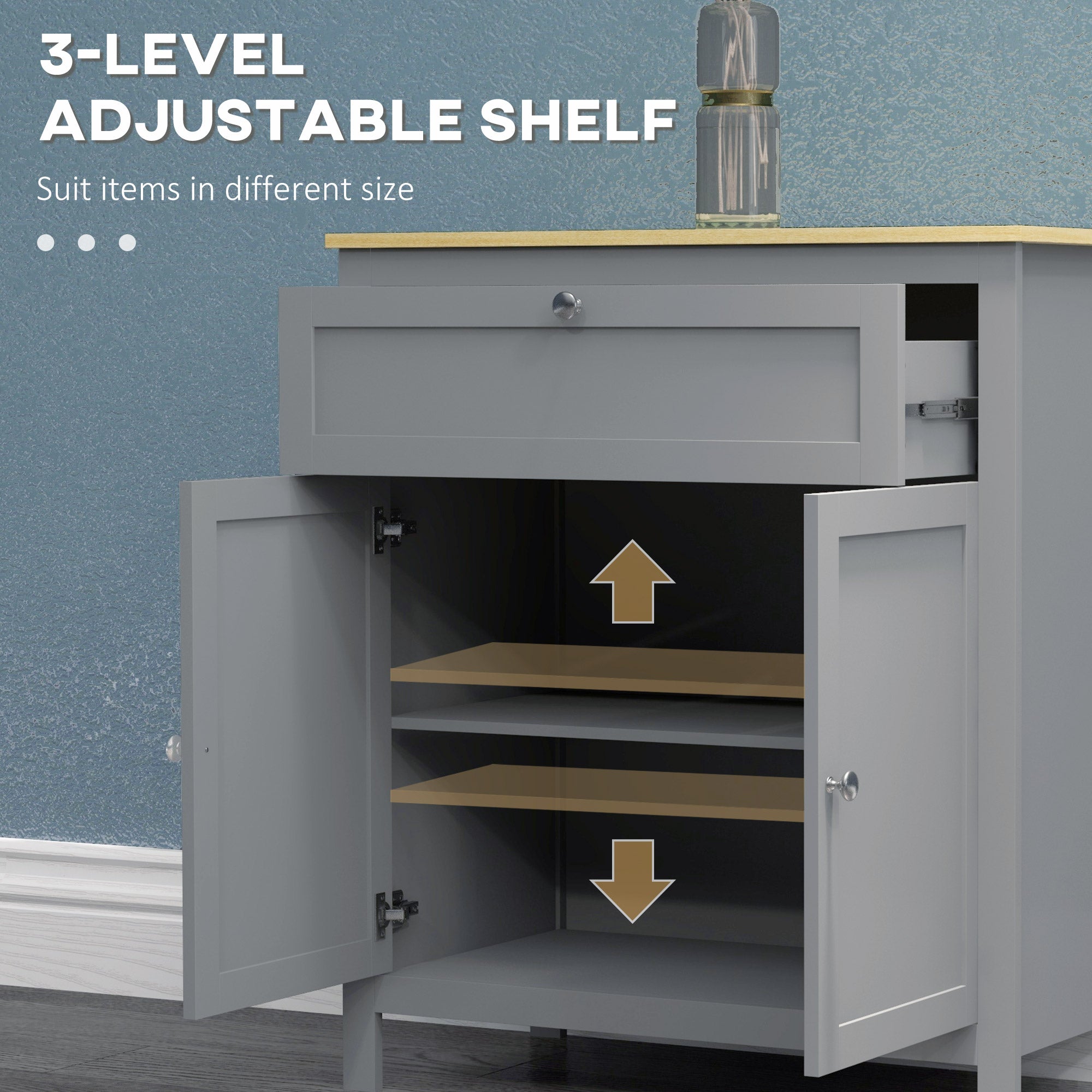 HOMCOM Buffet Storage Cabinet Buffet Table Drawer Double Door Cupboard Adjustable Shelf Living Room Entryway Grey 