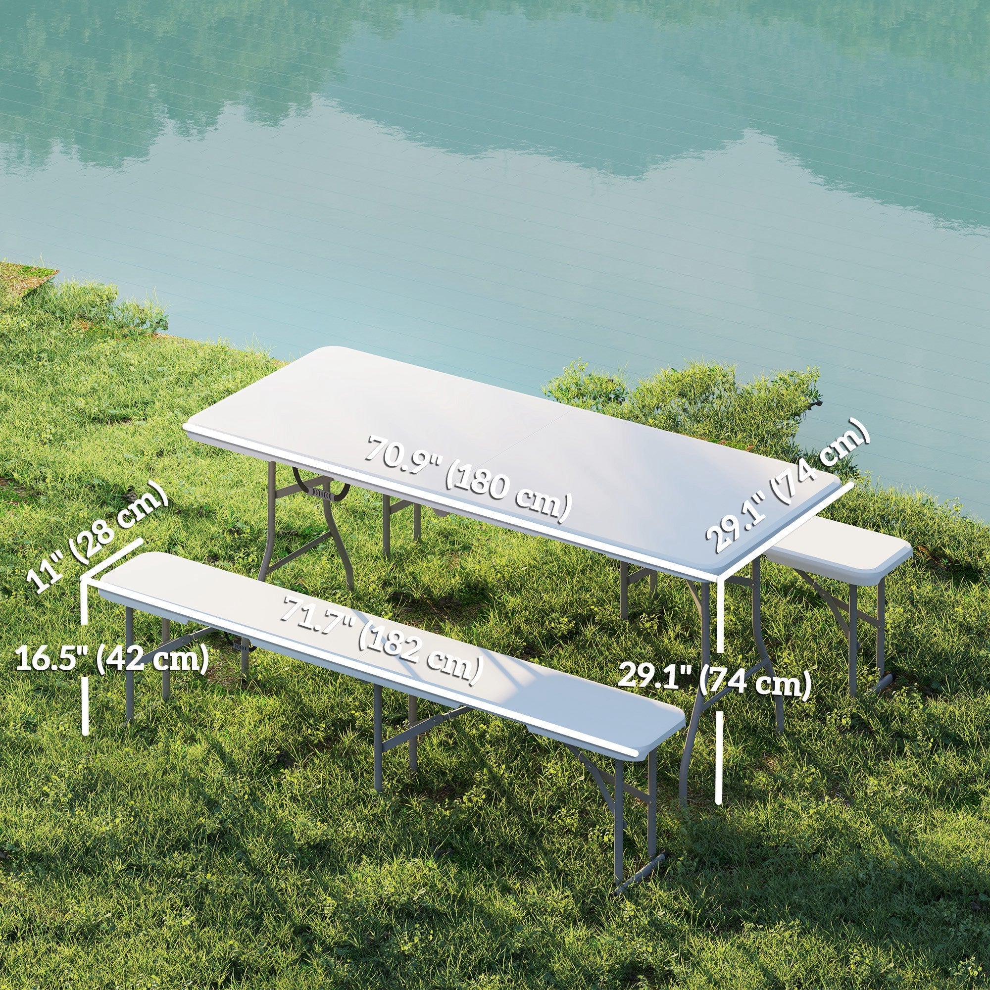 Outsunny 6FT 3-Piece Portable Outdoor Camping Table Bench Set with Carrying Handles, Folding Picnic Table with 2 Benches, White 