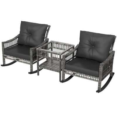 Outsunny Rocker Chair Set 3PC Outdoor PE Rattan Rocking Chair with Tempered Glass Table Top Mixed Grey 