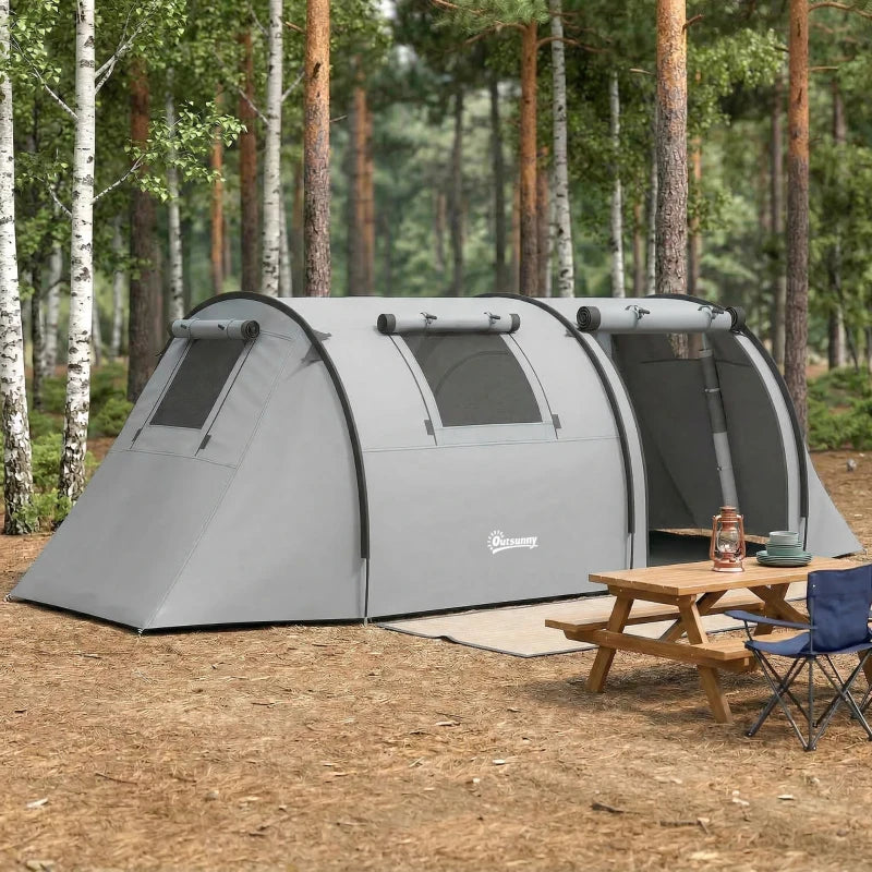 Outsunny 3-4 Person Camping Tent with 2 Rooms, 3000mm Waterproof Family Tunnel Tent with Carry Bag – Grey