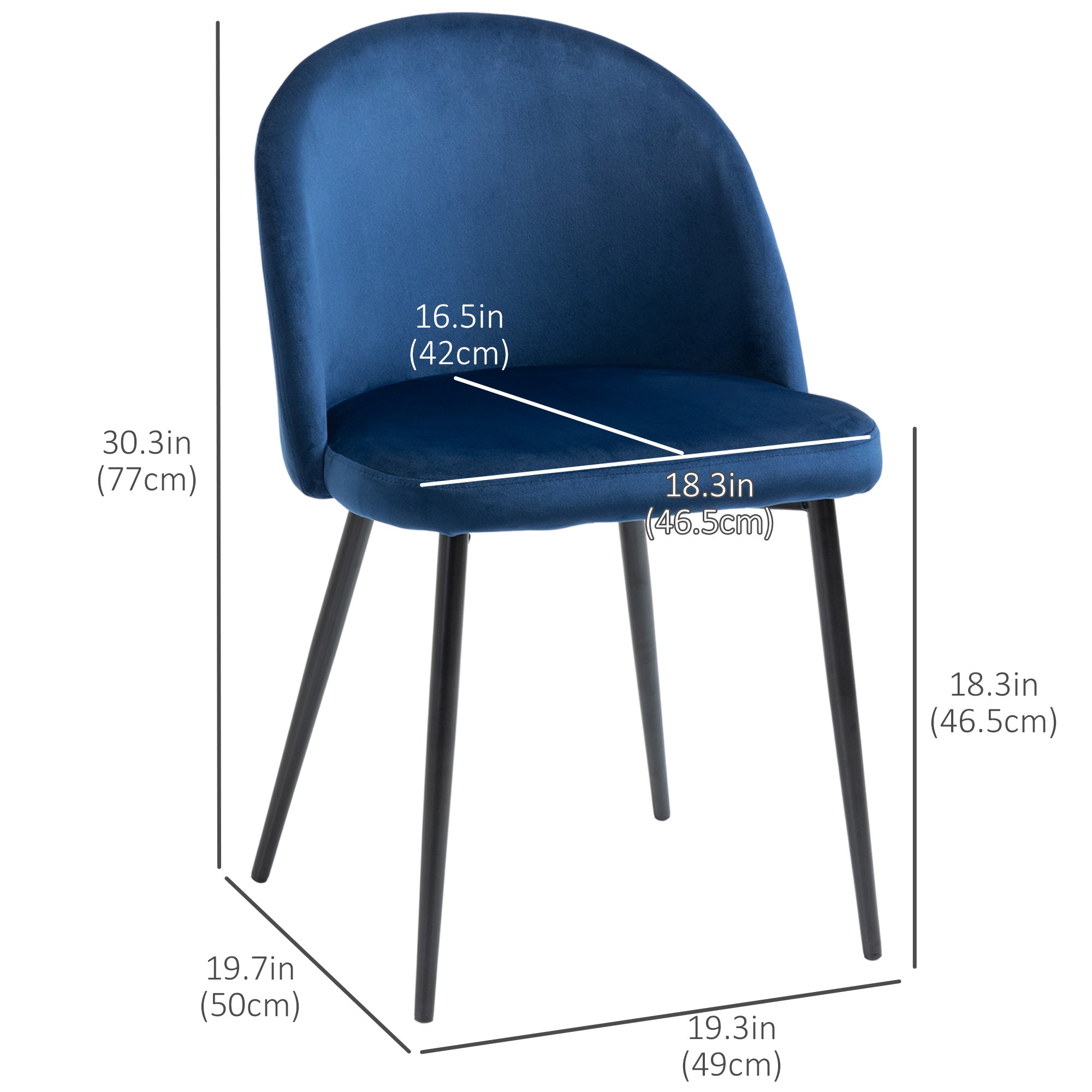 HOMCOM Modern Dining Chairs, Mid-Back Velvet-touch Upholstery Side Chair, Table Chair for Living Room, Dining Room, Dark Blue, Set of 4 