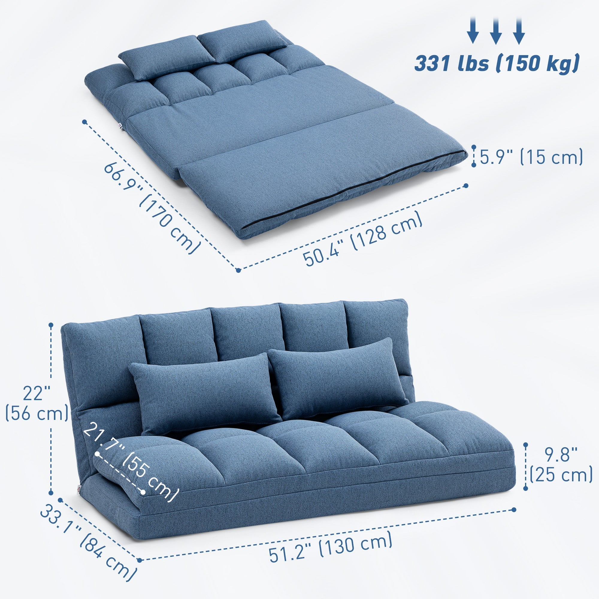 HOMCOM Floor Sofa, Foldable 2-Seater Lazy Sofa Sleeper with 9-position Backrest and 2 Pillows Light Blue 