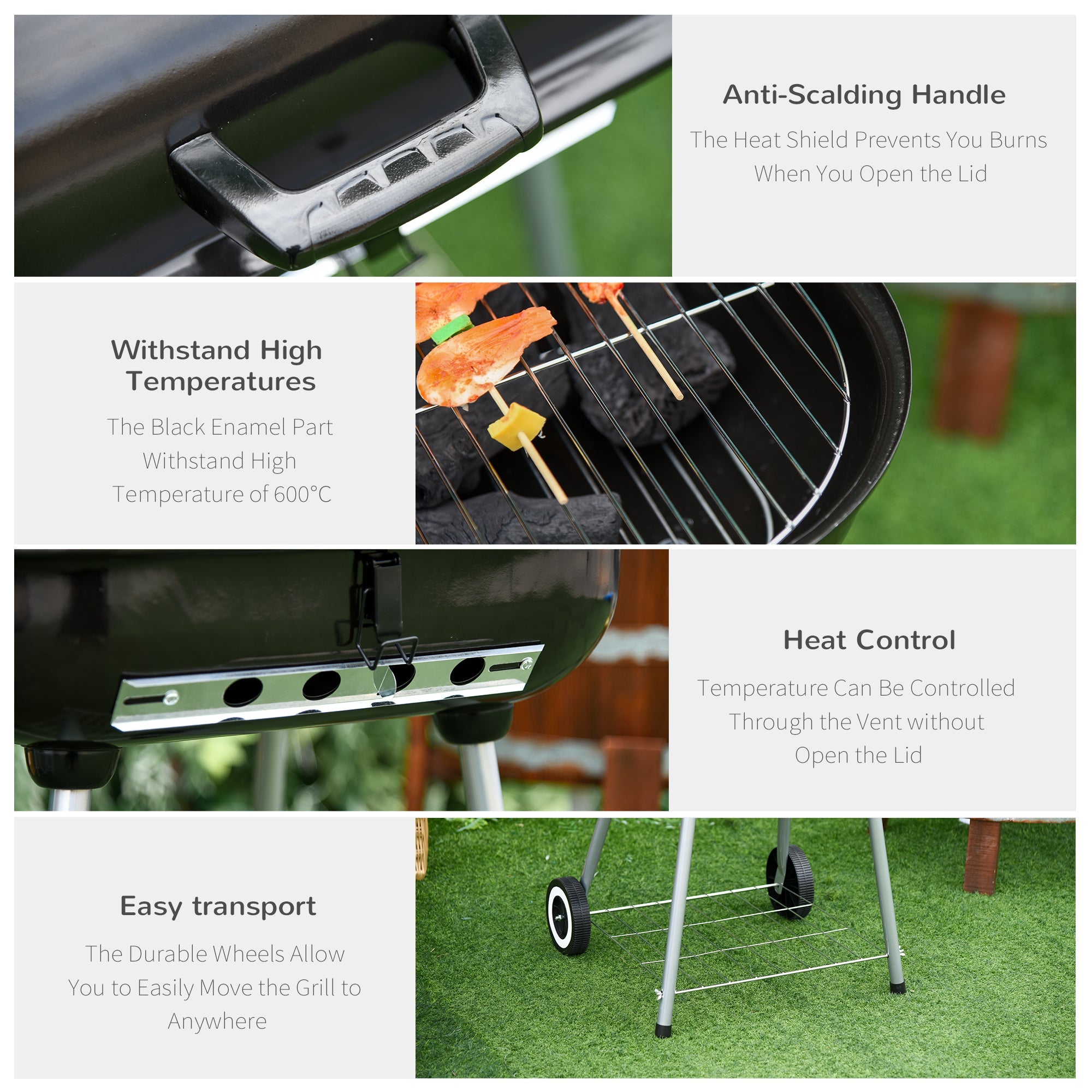 Outsunny Charcoal Grill 22" Portable Steel Outdoor BBQ Picnic Smoker Heat Control Black 