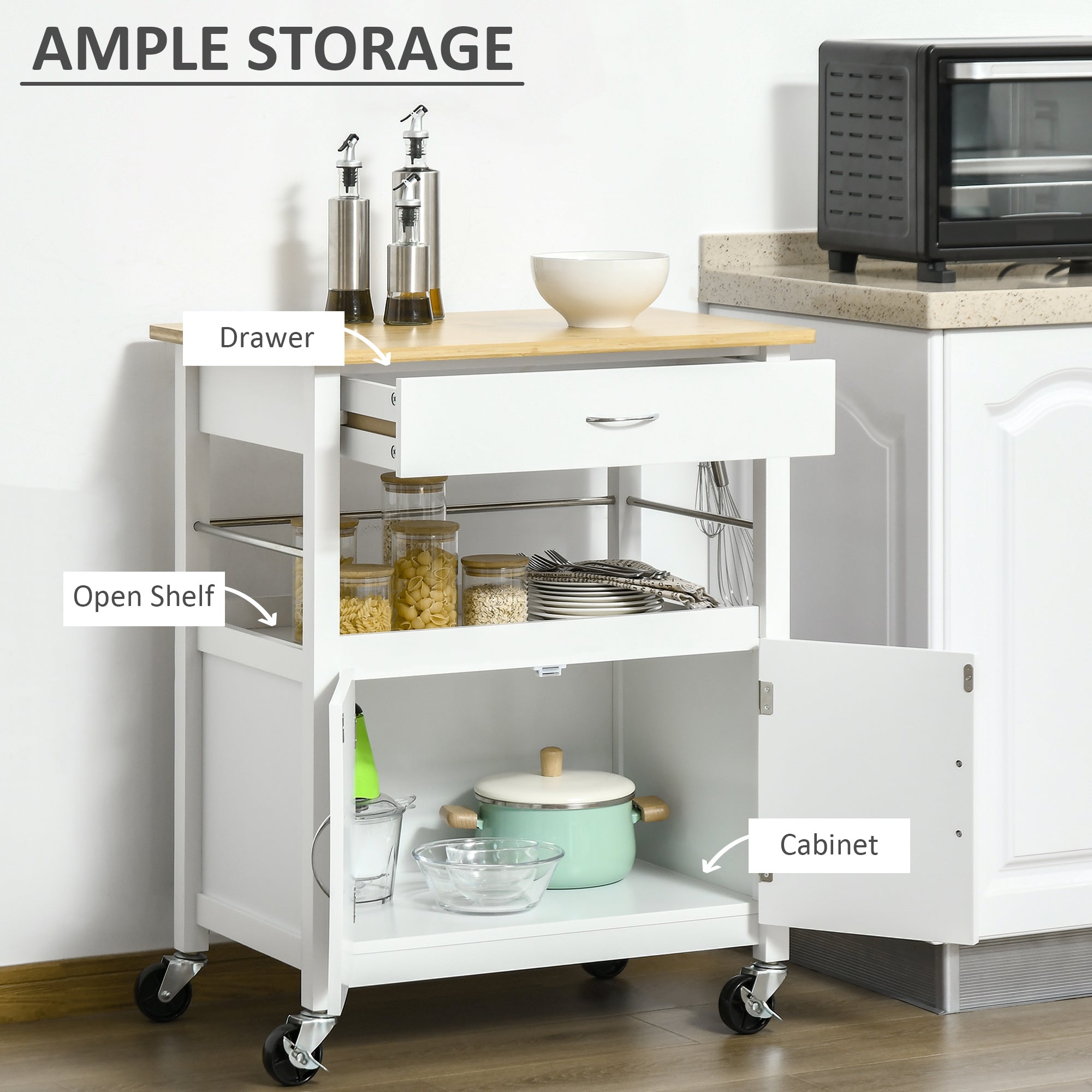 HOMCOM White Mobile Utility Trolley: Kitchen Island Cart with Drawer, Side Hooks & Dining Room Storage 