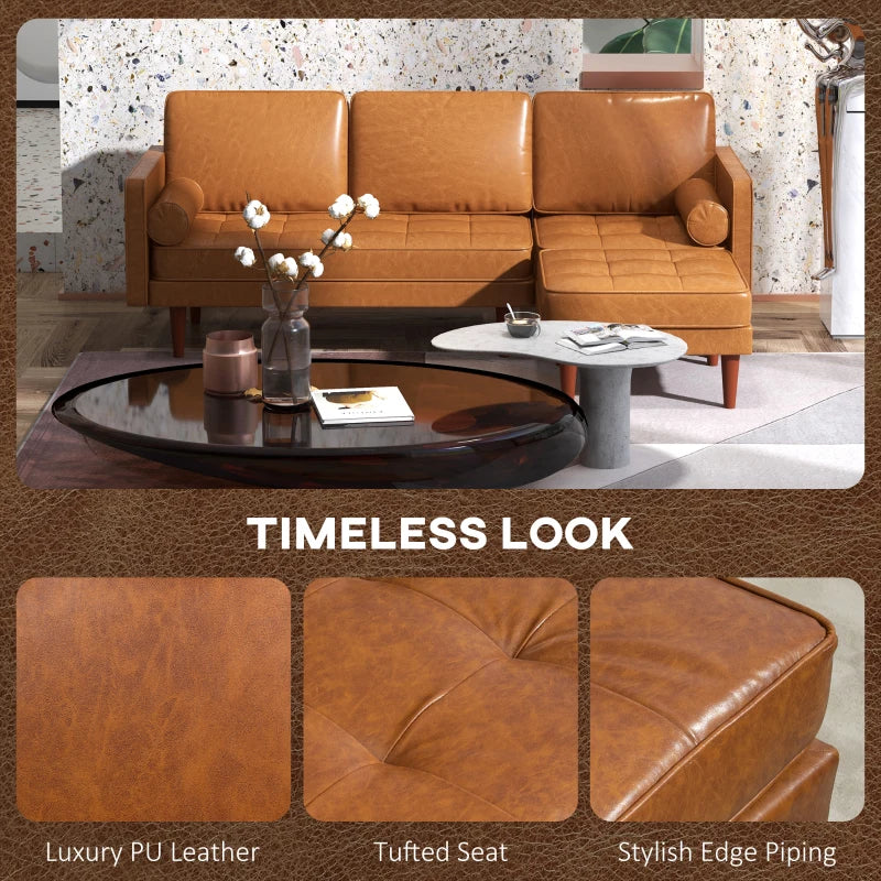 Faux Leather Sectional Sofa Couch L-Shaped Corner Sofa Set with Footstool and 2 Bolster Pillows, Brown
