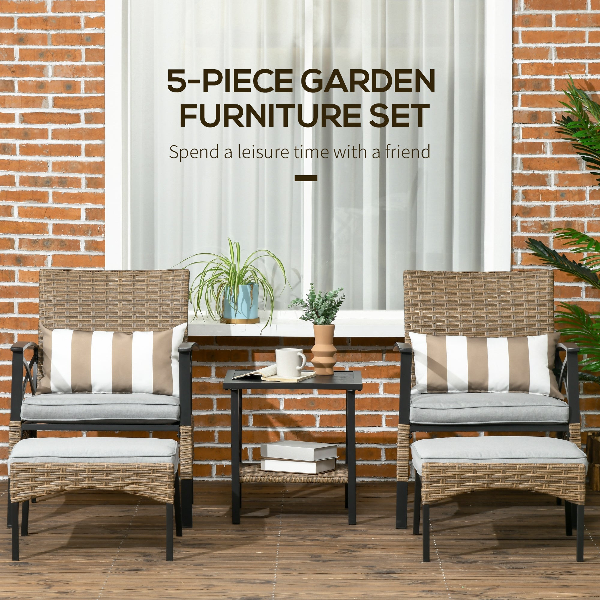 Outsunny Garden Furniture Set 5PC Rattan with Armchairs Stools & Steel Tabletop Khaki 