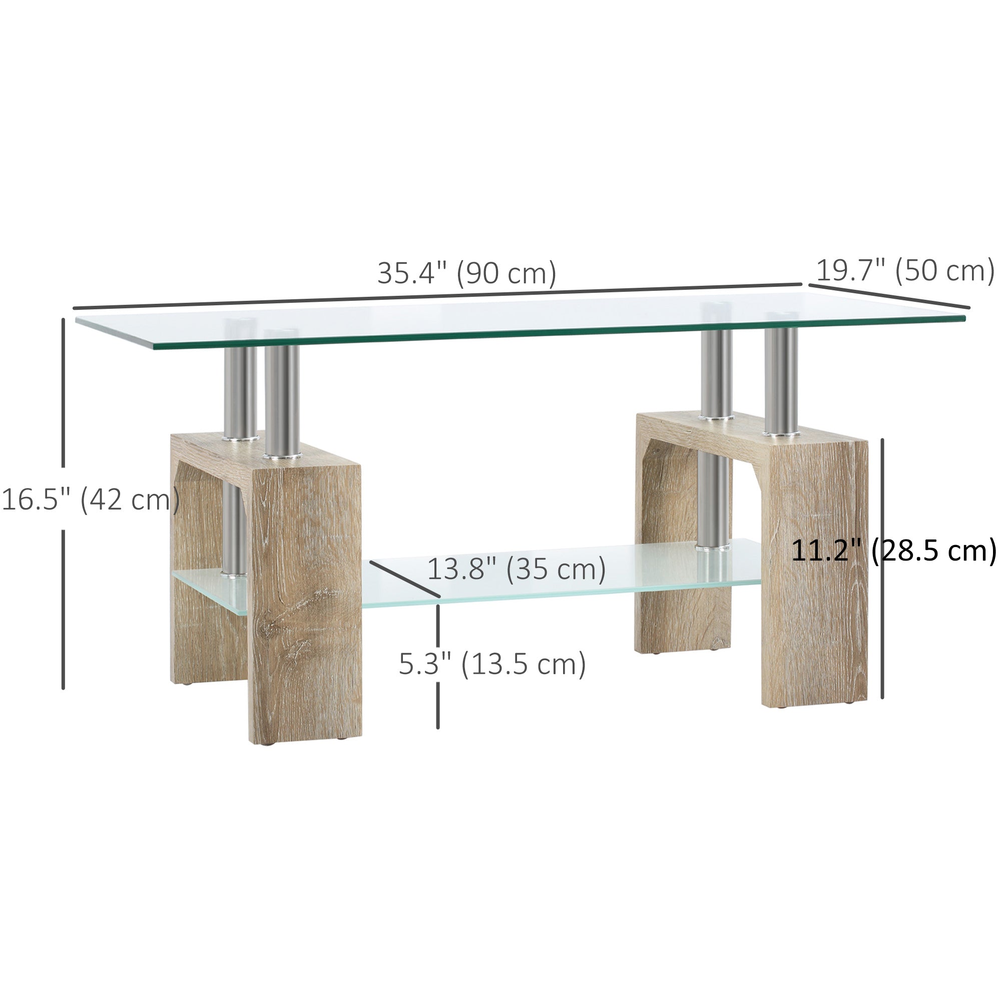 HOMCOM Natural Rectangle Glass Coffee Table: 2-Tier Table with Storage Shelf, Tempered Glass Top for Living Room 