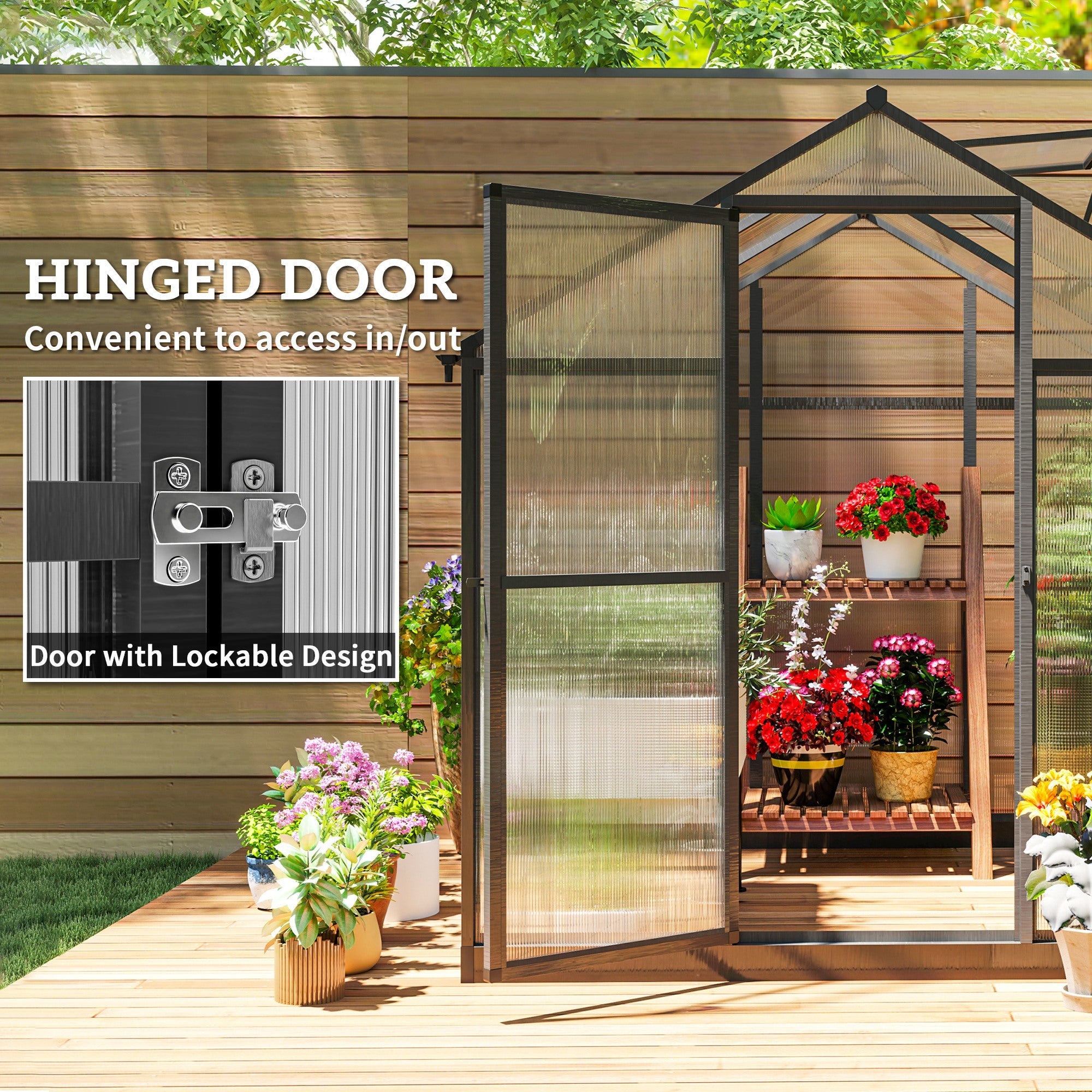 Outsunny 8' x 6' x 6.4' Walk-in Garden Greenhouse Polycarbonate Panels Plants Flower Growth Shed Cold Frame Outdoor Portable Warm House Aluminum Frame, Charcoal Grey 