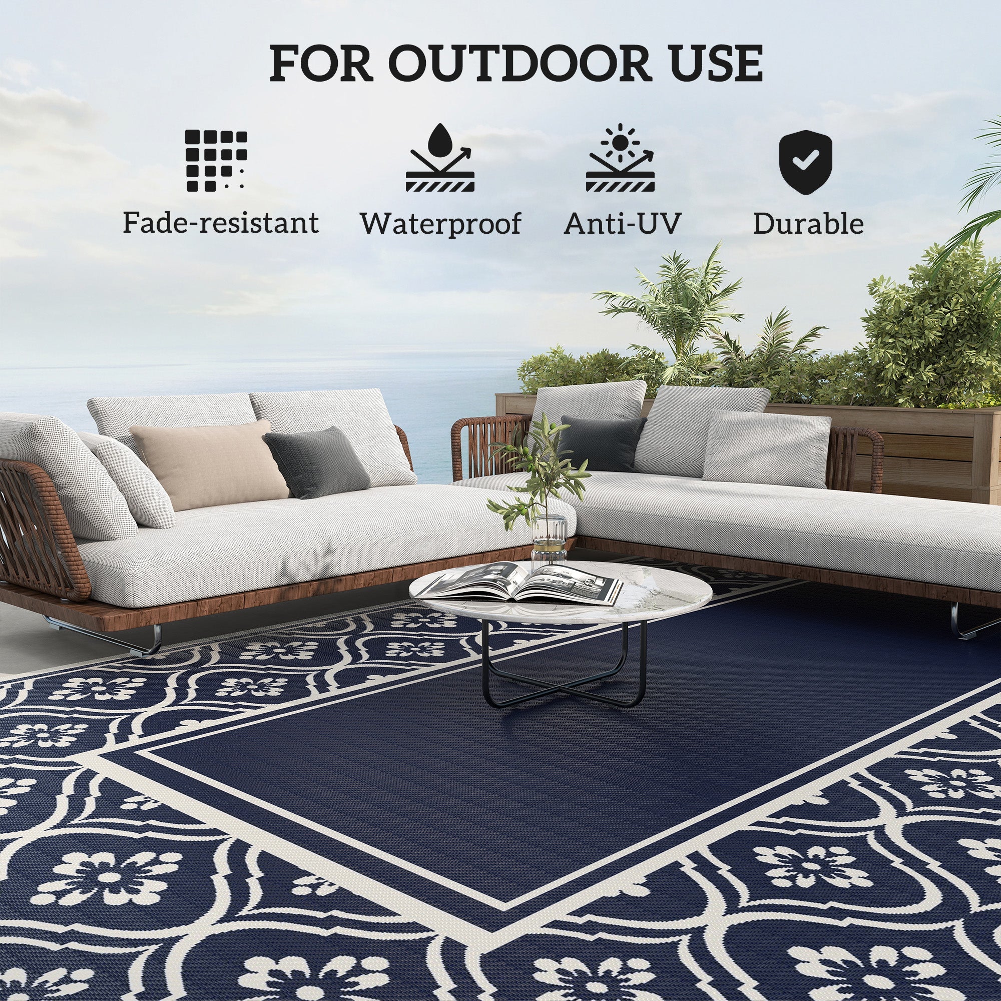Outsunny 9' x 18' Outdoor RV Rug, Reversible Patio Floor Mat with Carry Bag, Gourd Border, Blue and White 