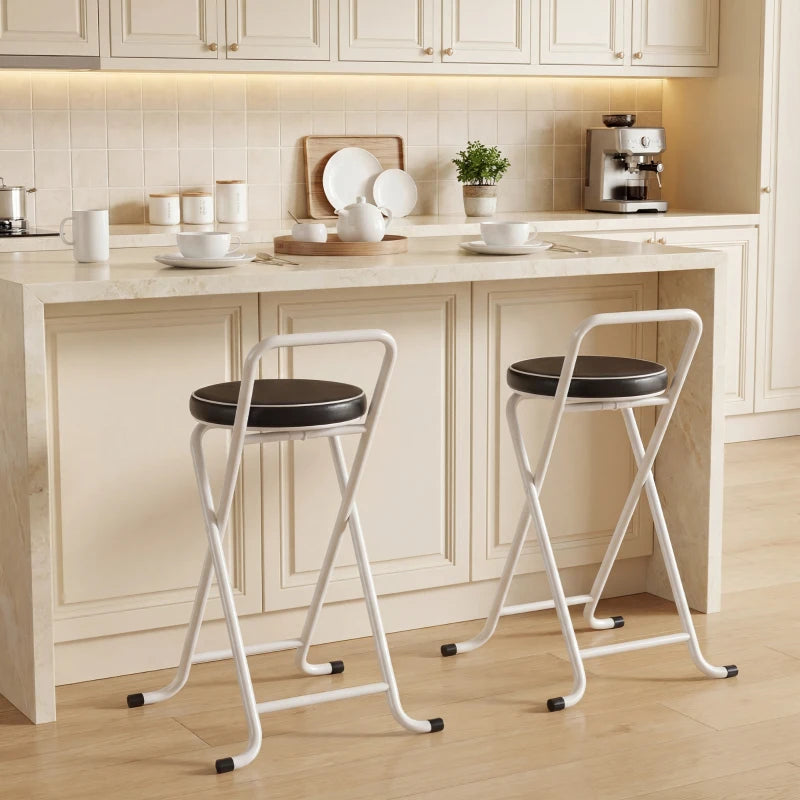 Foldable Bar Stools Set of 2, Folding Kitchen Chairs with PU Cushioned Seat, Footrest, Black