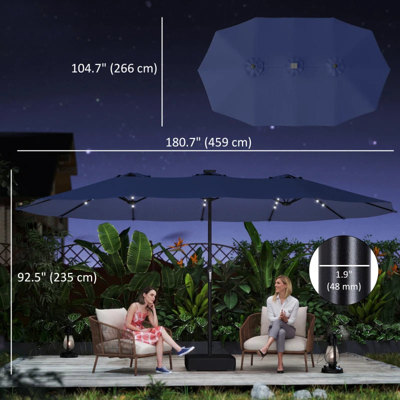 Double-sided Patio Umbrella with Base Included & 48 LED Lights 15ft Dark Blue