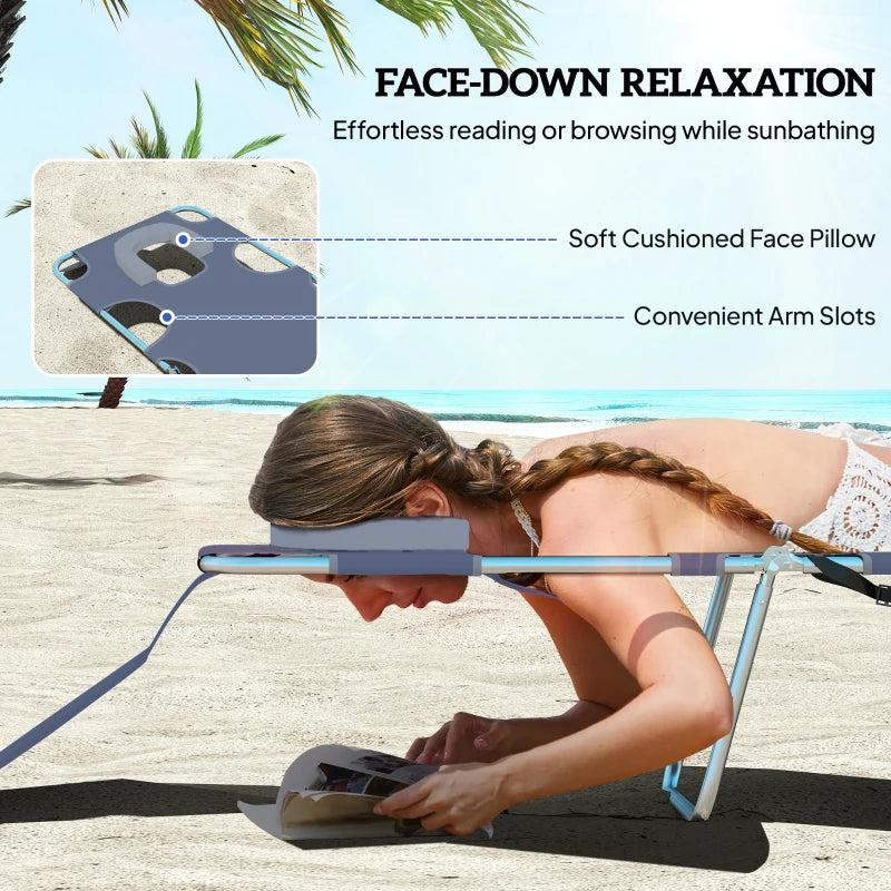 Folding Outdoor Lounge Chair, 5-Level Tanning Chair with Face Hole, Side Pocket, Carry Strap for Beach Pool, Grey