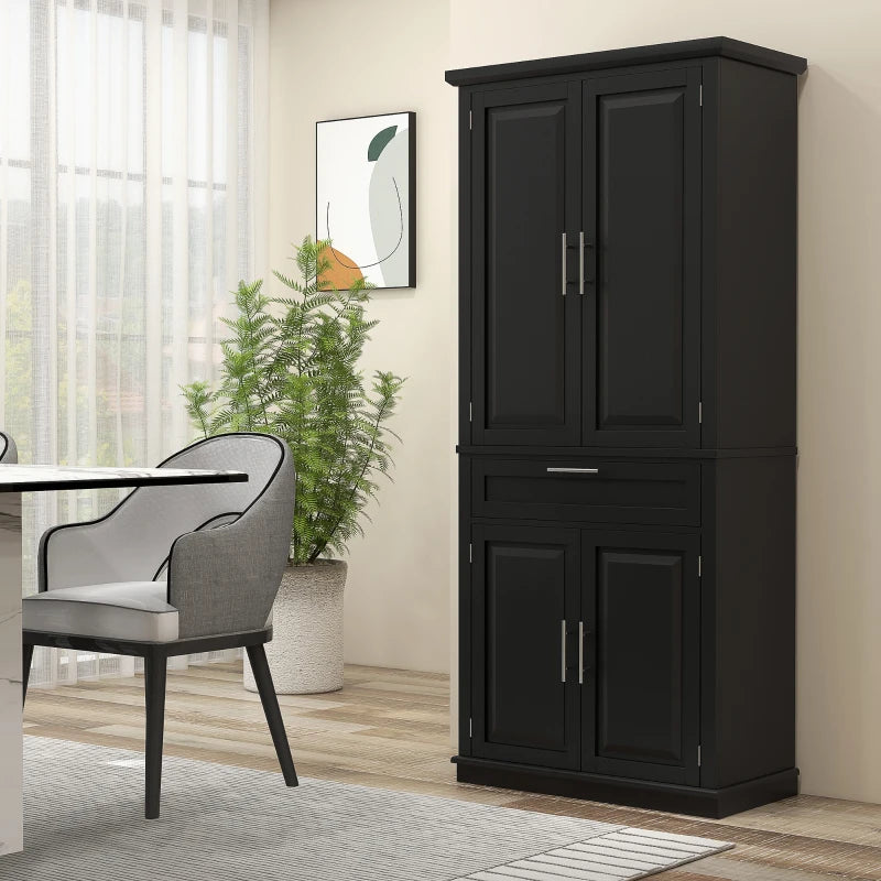 72" Kitchen Pantry Cabinet, Freestanding Storage Cabinet, 4-Door Cabinet with Drawer and Adjustable Shelves, Black
