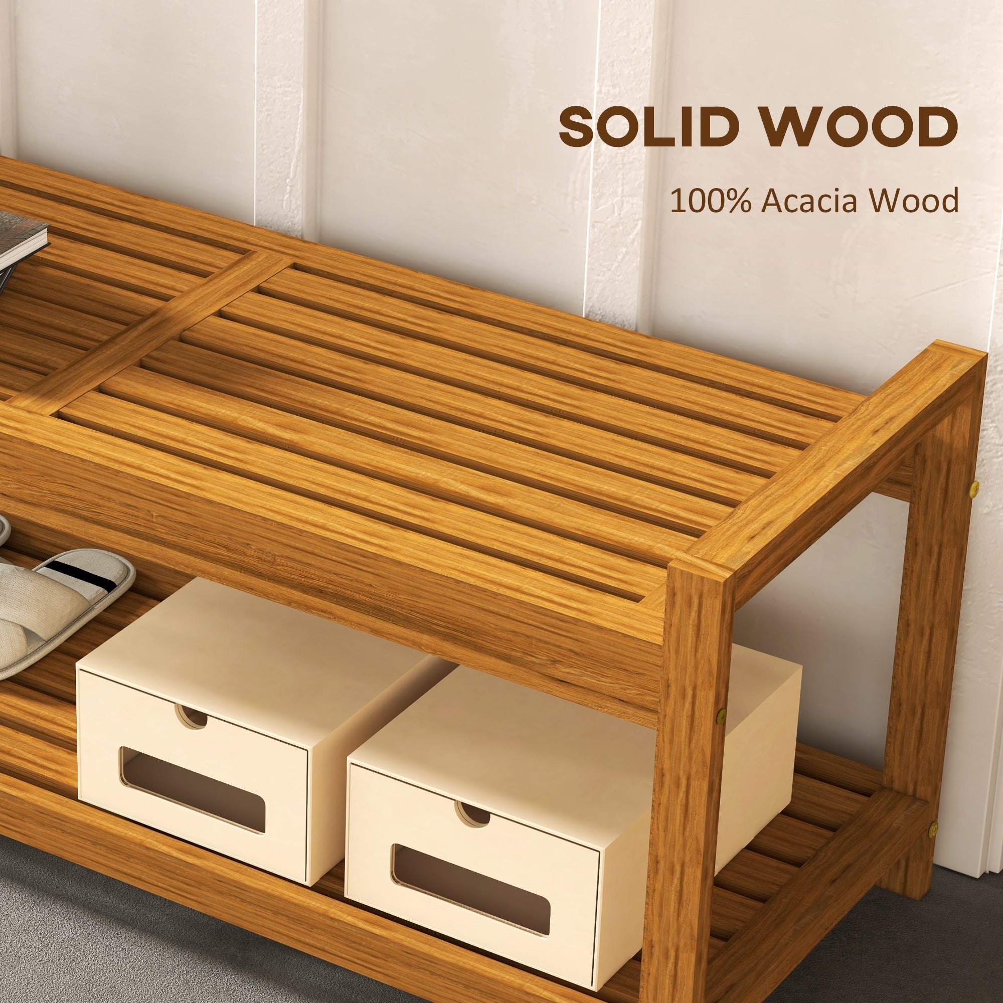 Outsunny Garden Stool with Storage Shelf Slatted Seat Indoor Outdoor Conservatory Poolside Deck Furniture Teak 