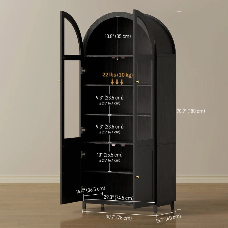 Arched Kitchen Pantry Cabinet, 71" Tall Farmhouse Kitchen Storage Cabinet with Acrylic Glass Doors, Black