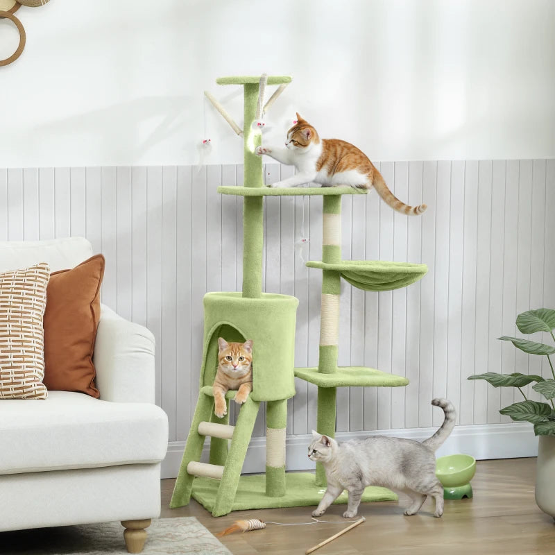 53" Cat Tree Tower, Kitten Activity Centre with Scratching Posts, Condo, Perches, Ladder, Hammock, Dangling Toys, Green