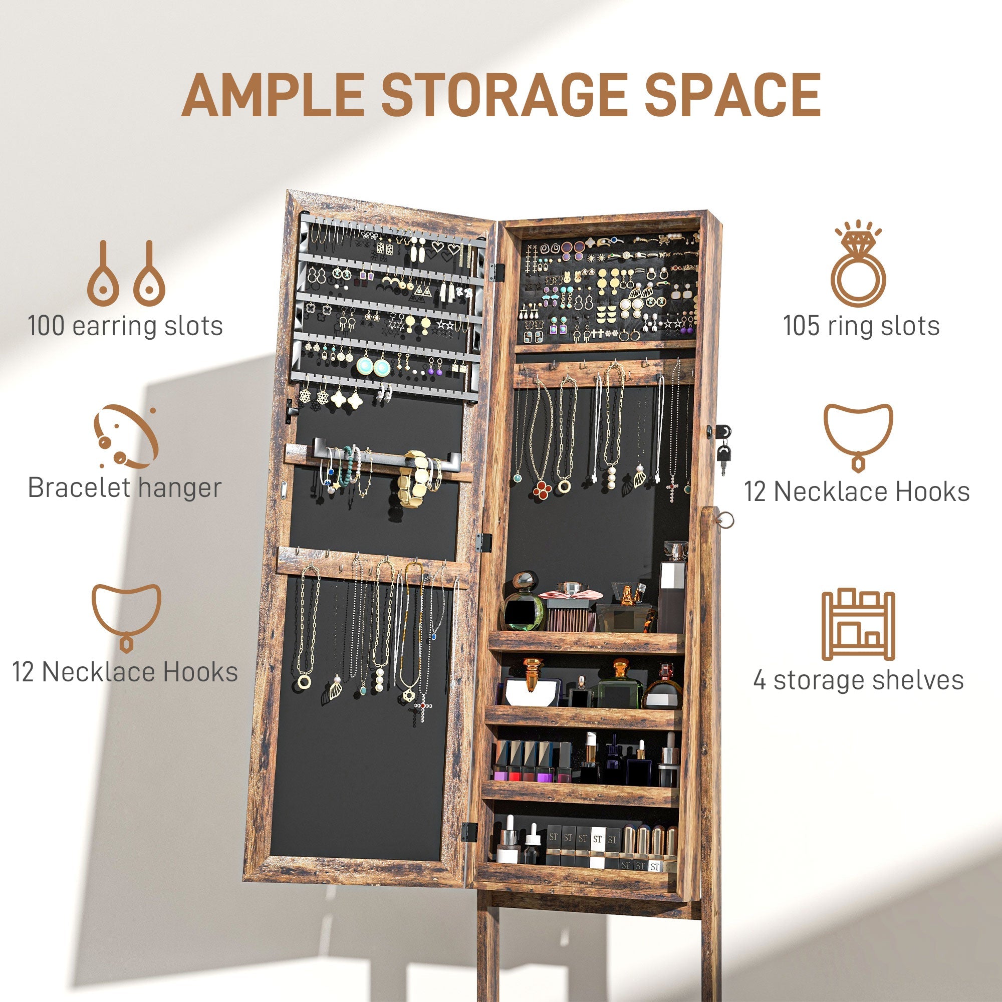 HOMCOM Lockable Jewelry Armoire Full Length Mirror 3 Angle Adjustments Wooden Storage Cabinet Rustic Brown 