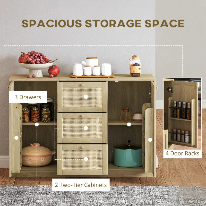 Boho Sideboard Buffet Cabinet, Kitchen Coffee Bar Cabinet with 3 Drawers, 2 Adjustable Shelves and 4 Racks, Natural