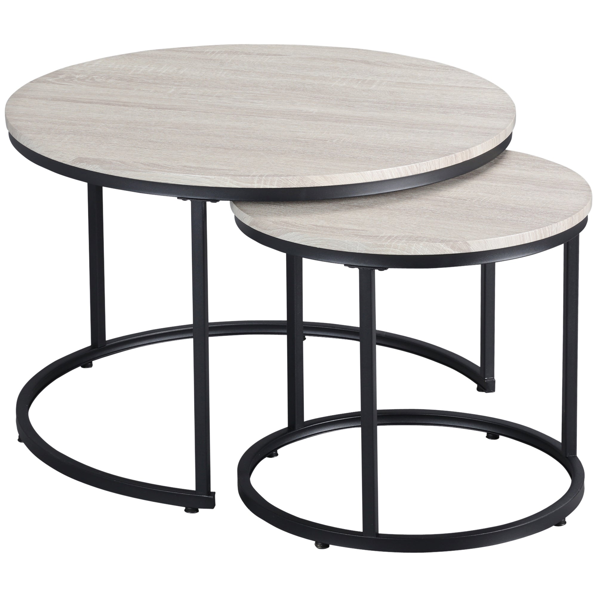 HOMCOM Nesting Round Coffee Table Pair Set of 2 Stackable Sofa Side Table Metal Frame Simple Design Grey Wood Grain 