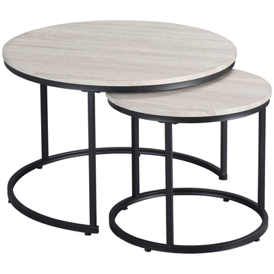HOMCOM Nesting Round Coffee Table Pair Set of 2 Stackable Sofa Side Table Metal Frame Simple Design Grey Wood Grain 