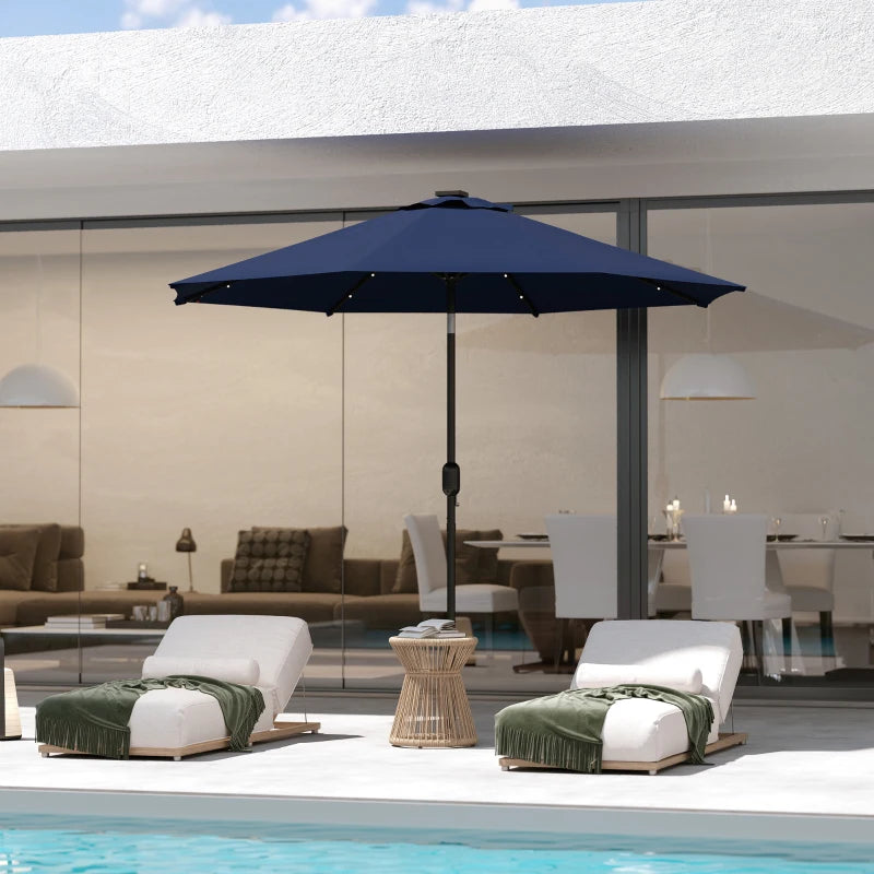9ft Solar Patio Umbrella Outdoor Sunshade 24 LED Lights Tilt Canopy Navy Blue