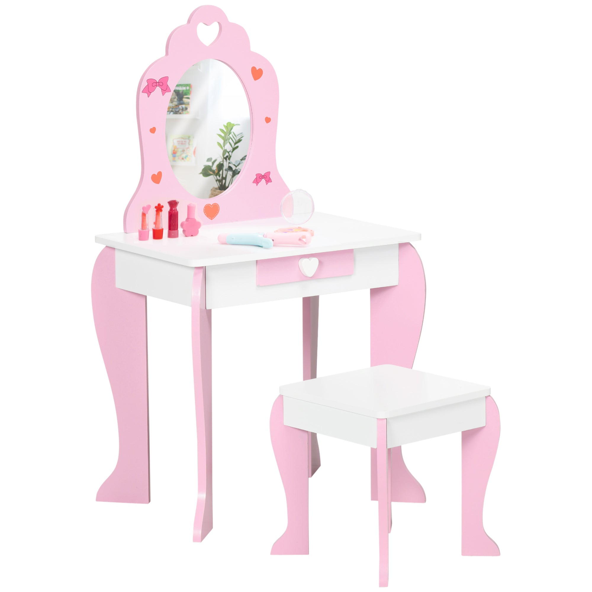 Qaba Petite Pampering: Kids Vanity Table and Chair Set with Mirror Drawer, Cute Patterns for Girls 3-6 Years Old, Pink Delight 