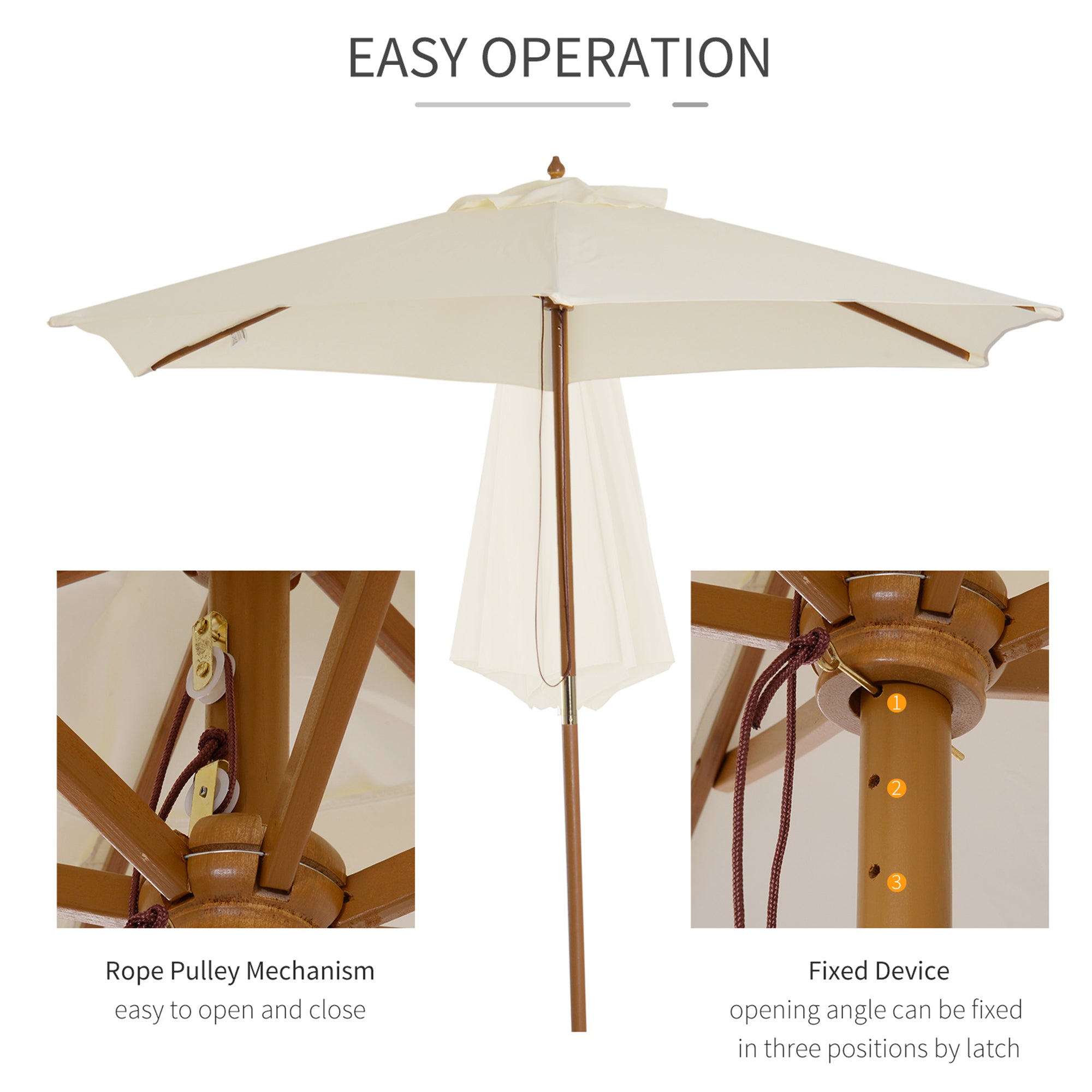 Outsunny Radiant Retreat: 8FT Cream White Wood Market Umbrella, Round Patio Garden Parasol with Bamboo Ribs and Vent 