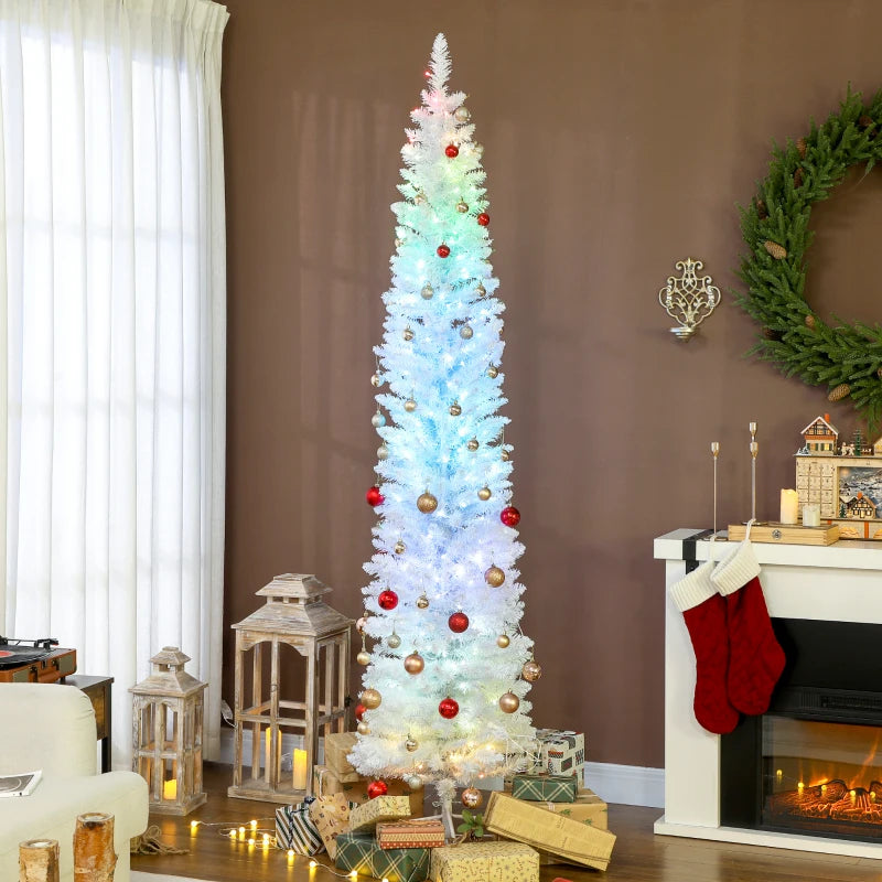7.5ft Christmas Tree with Colourful DIY Synchronized LEDs, Hinged Pencil Xmas Tree with Remote, Daily Timer, White