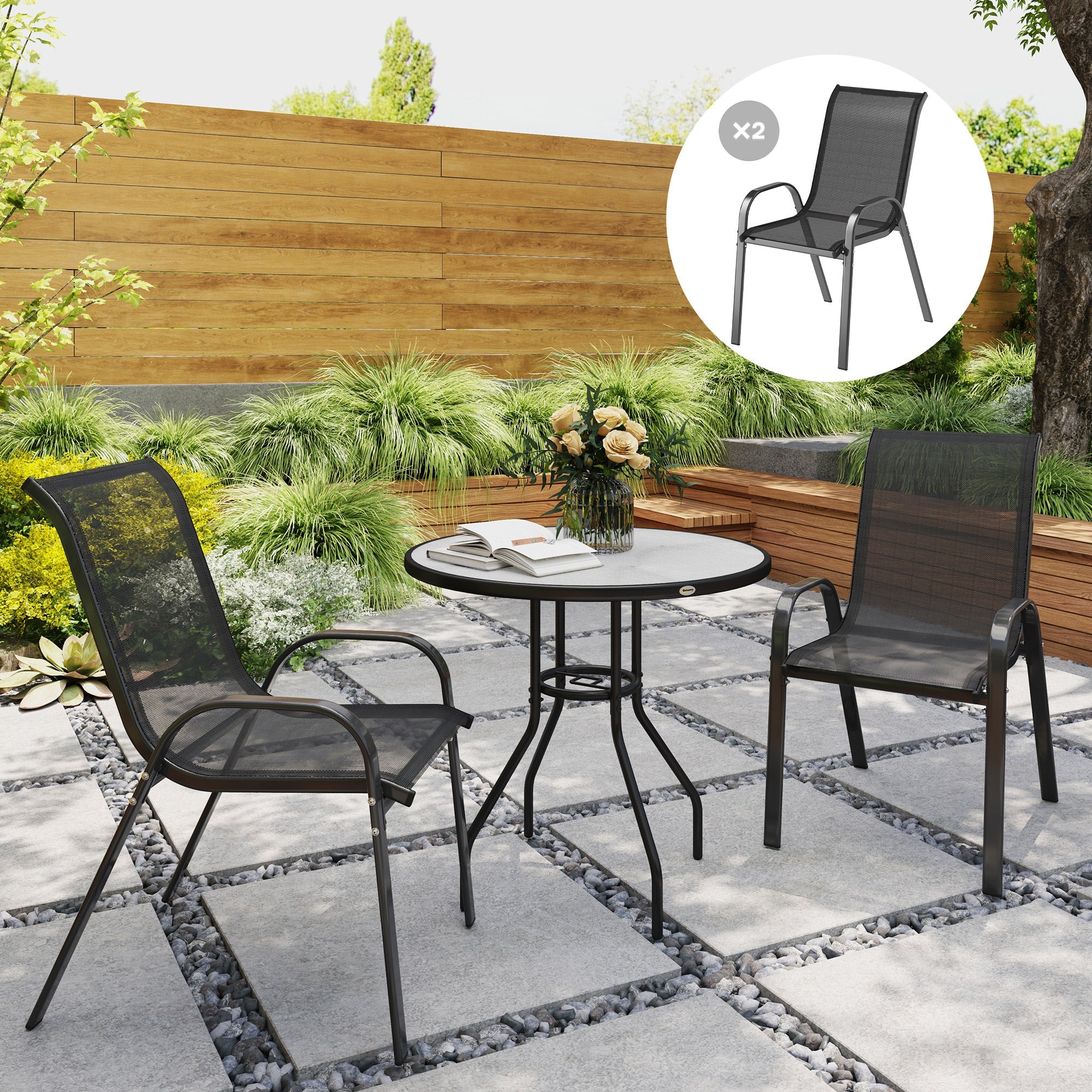 Outsunny Set of 2 Outdoor Dining Chairs, Stackable Lawn Chairs with High Back, Breathable Mesh Seat for Garden Porch, Black 