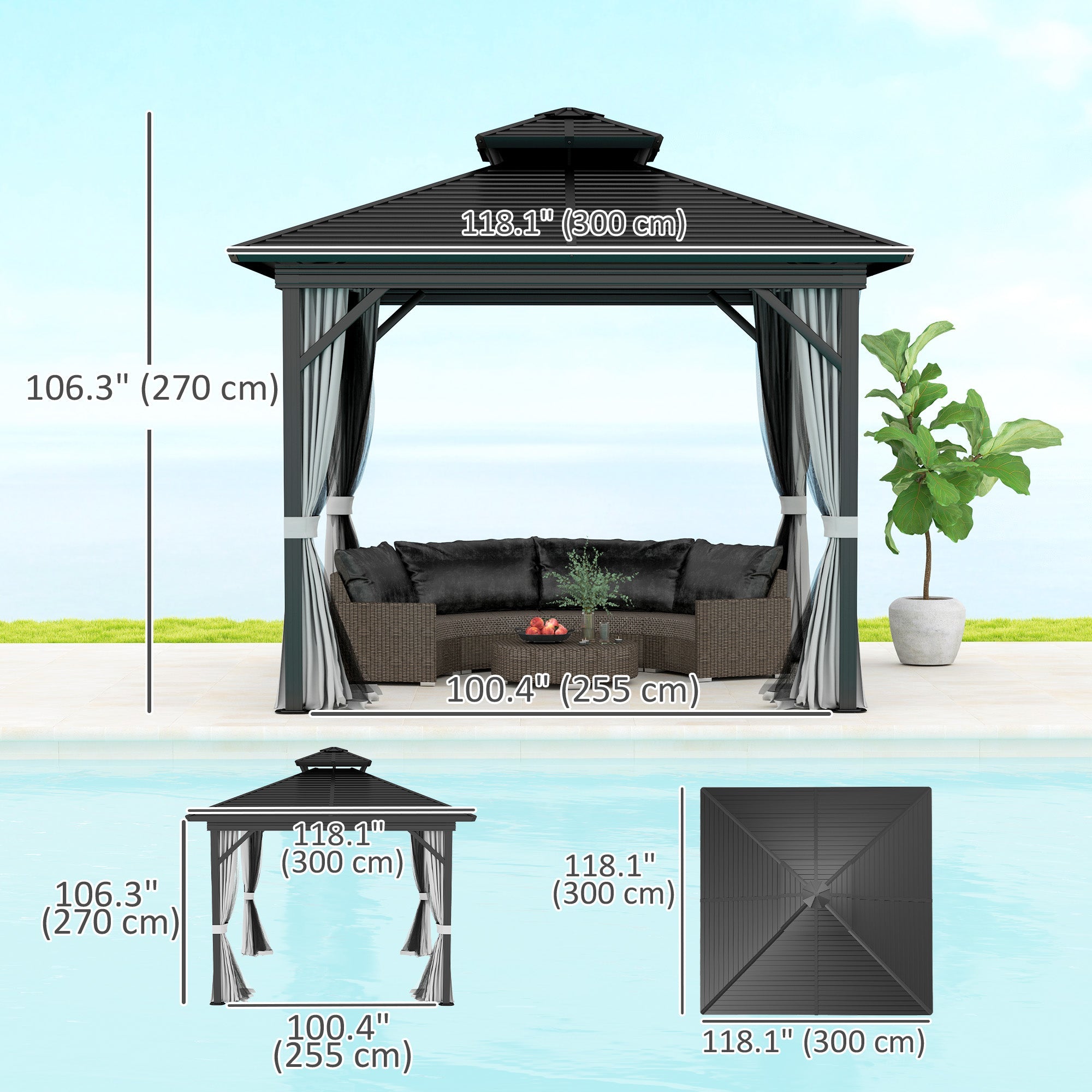 Outsunny 10' x 10' Hardtop Gazebo, Sun Shelter with Double Tier Metal Roof, Mosquito Netting, and Hanging Hook, Light Grey 