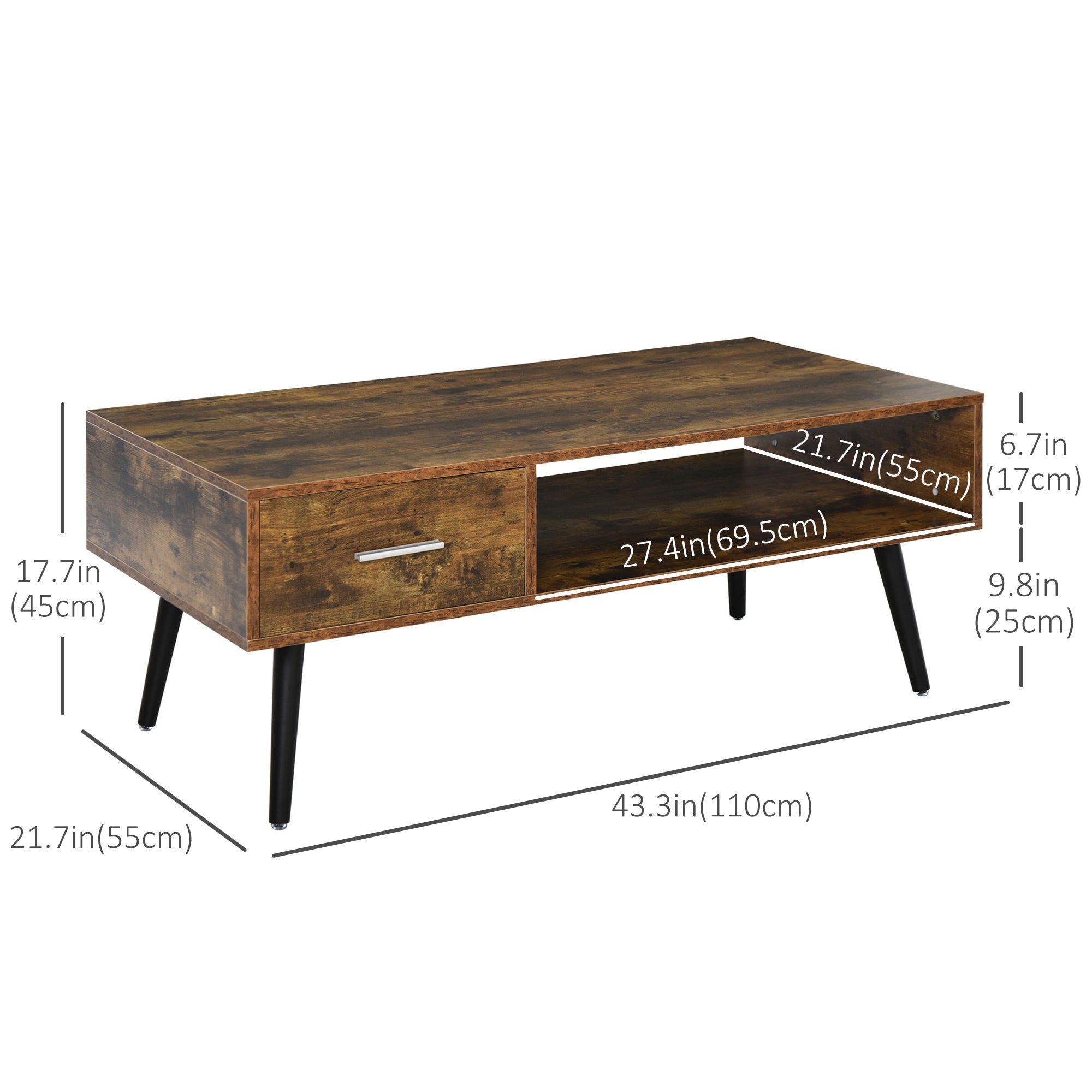 HOMCOM Rustic Brown Retro Coffee Table: Vintage Wooden Center Table with Storage Shelf and Drawer for Living Room 