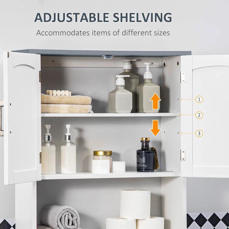 Modern Over The Toilet Storage Cabinet, Double Door Over Toilet Bathroom Organizer with Adjustable Shelf and Open Shelf, Space Saver, White