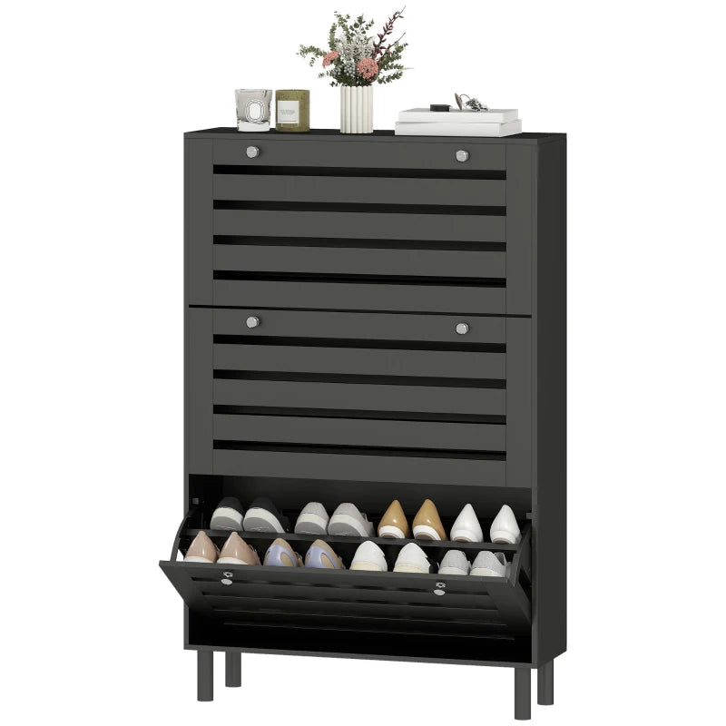 Narrow Shoe Storage Cabinet, 3 Flip Drawers, Adjustable Shelves, 18-24 Pairs Capacity, Black