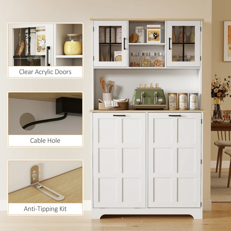 Kitchen Pantry Cabinet with Charging Station, 7 Gallon Trash Can Cabinet, Adjustable Shelves and Acrylic Doors, Multifunctional Cabinet, White