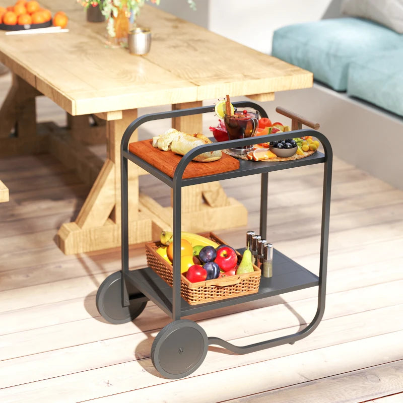 Outdoor Grill Cart with Storage, 2-Tier Bar Cart on Wheels with Side Handle, Steel Frame for Indoor Outdoor, Black