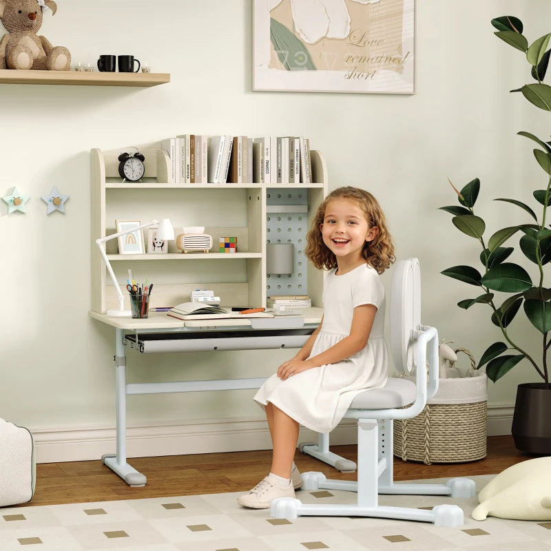 Qaba Kids Desk and Chair Set with Tilting Desktop, Adjustable Height, Drawer and Shelves for Boys Girls Ages 3-12, Grey