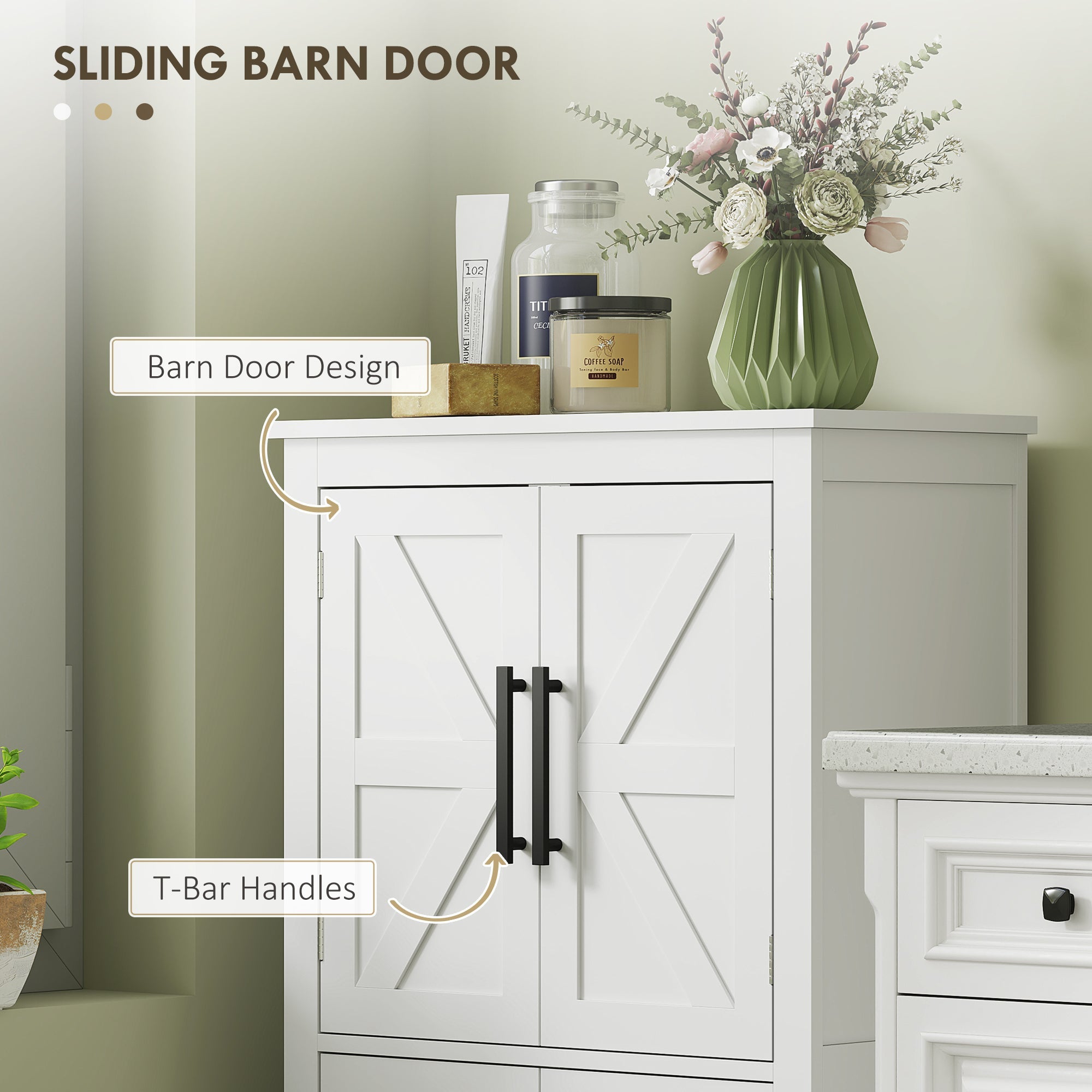 HOMCOM Farmhouse Bathroom Storage Cabinet, Bathroom Floor Cabinet with Barn Doors and Adjustable Shelf, White 